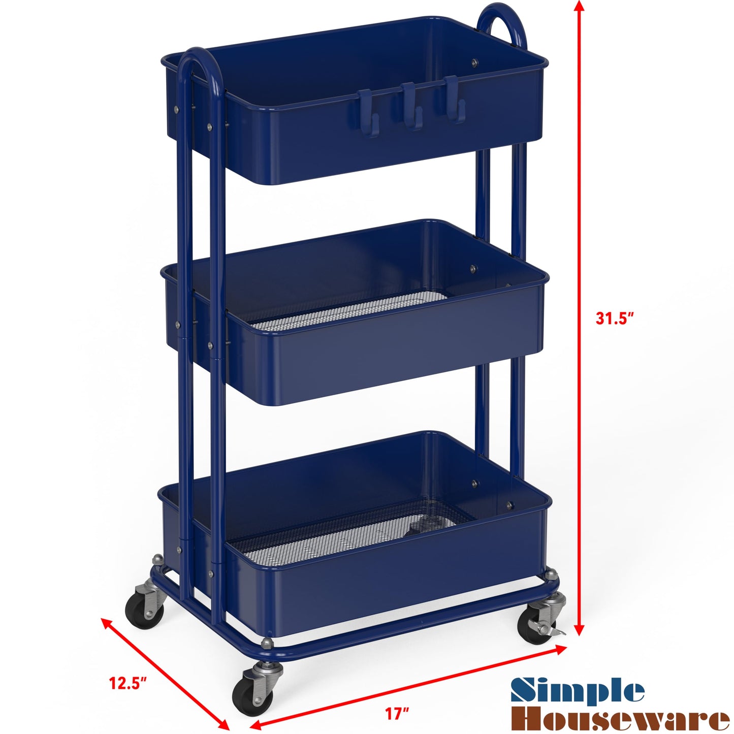 Simple Houseware Heavy Duty 3-Tier Metal Utility Rolling Cart, Navy