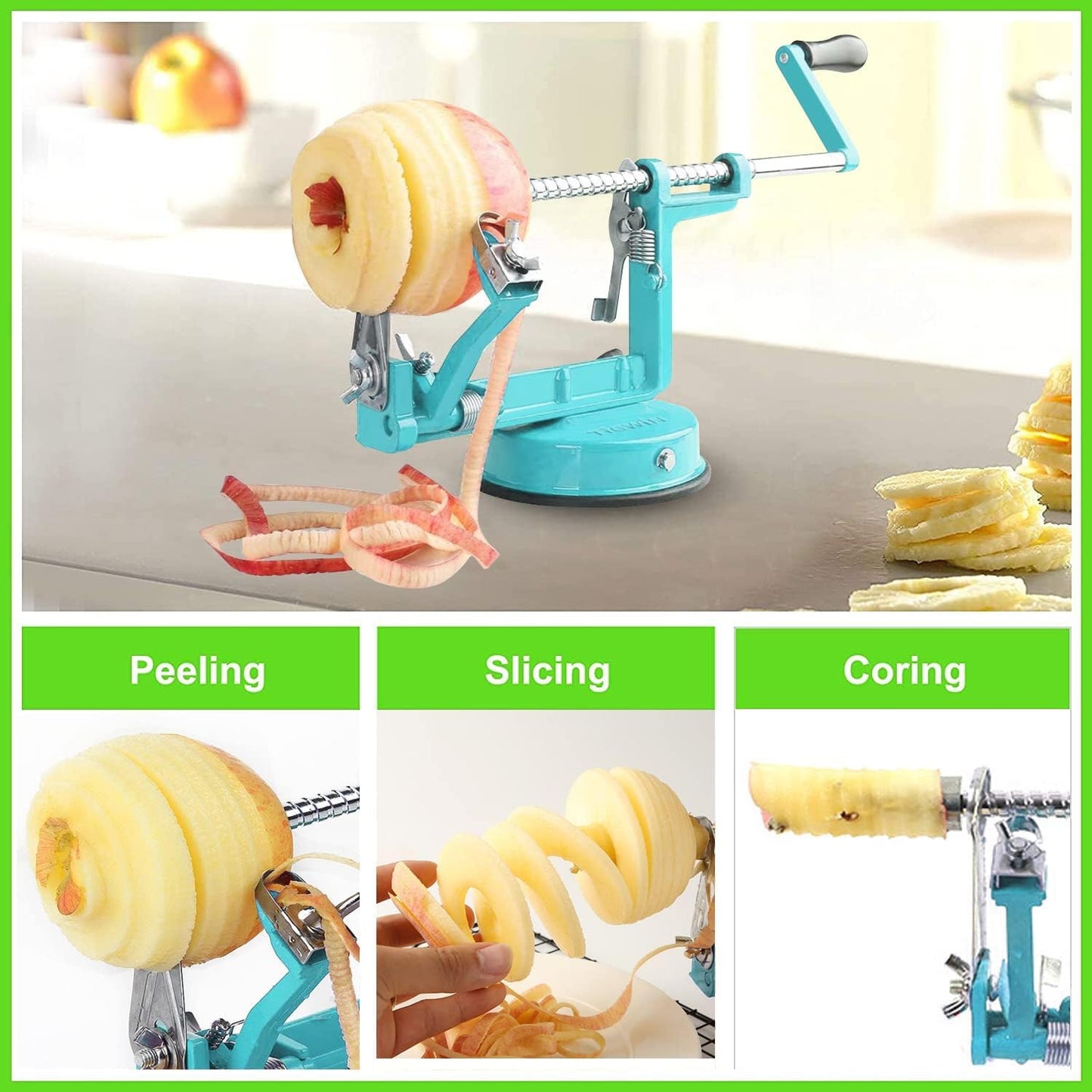 Apple Peeler Corer, Long lasting Chrome Cast Magnesium Alloy Apple Peeler Slicer Corer with Stainless Steel Blades and Powerful Suction Base for Apples and Potato(Blue)