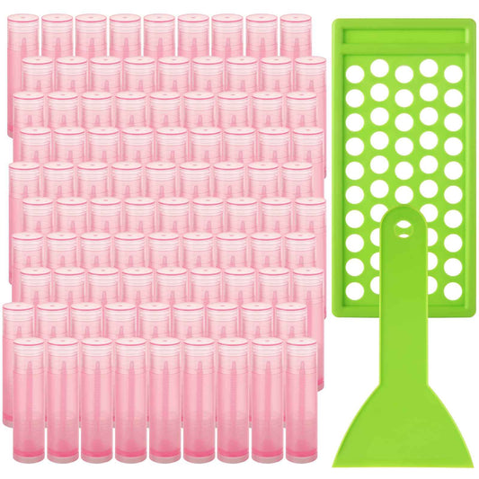 GBACHOOSE 200PCS Plastic Lip Balm Tubes, Chapstick Tubes Empty, Lip Balm Containers with Filling Tray and Spatula, Rotating Type Refill Lip with Cap for DIY(5ml/5g, Pink)