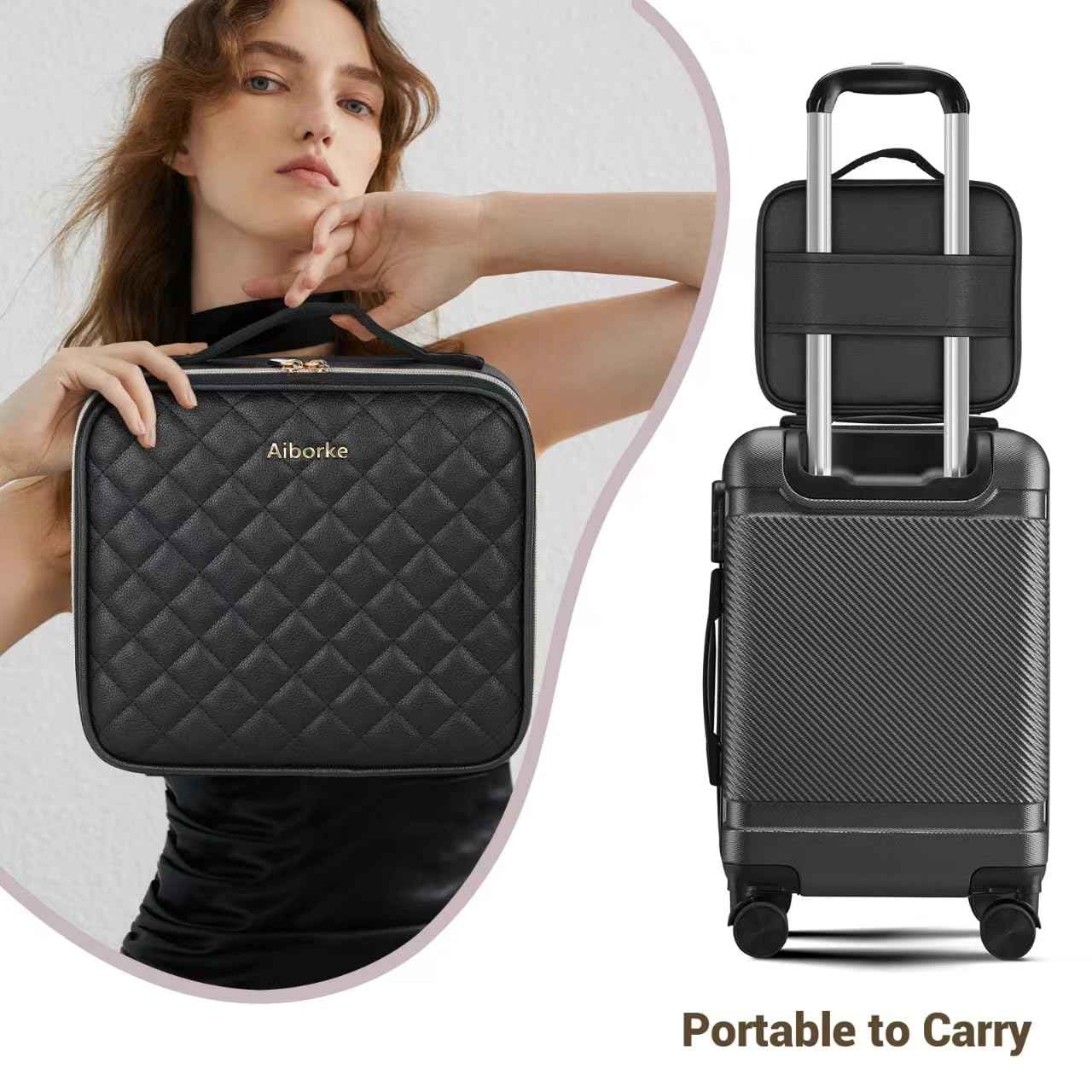 Aiborke Travel Makeup Bag with Led Mirror Make up Case with Lighted Mirror Cosmetic Organizer bag with Adjustable Dividers and 5X Magnifying Mirror Makeup Box Organizer Vanity Case for Women (Black)