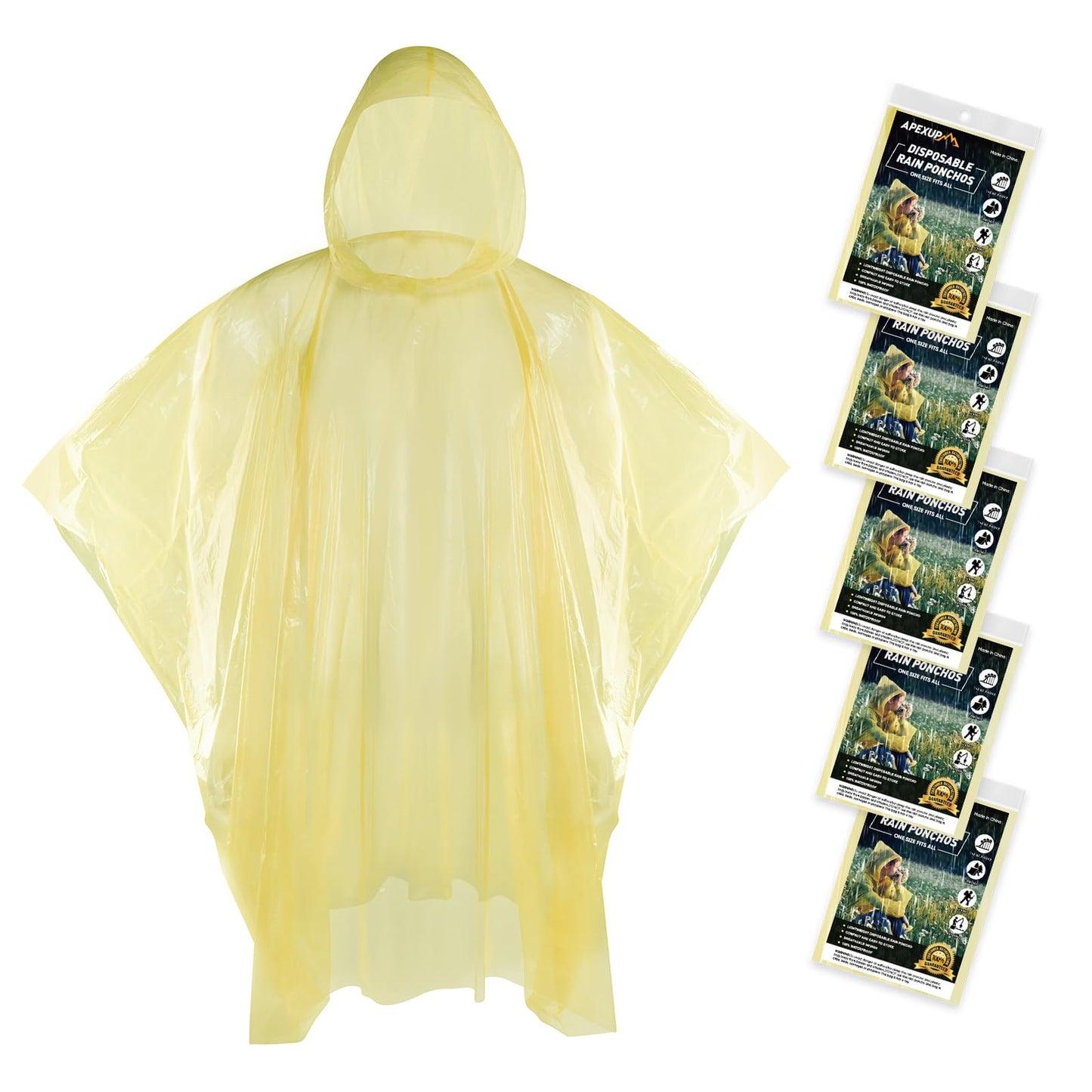 APEXUP Emergency Disposable Rain Ponchos for Adults for Camping Hiking Travelling,Yellow (5 Pack)