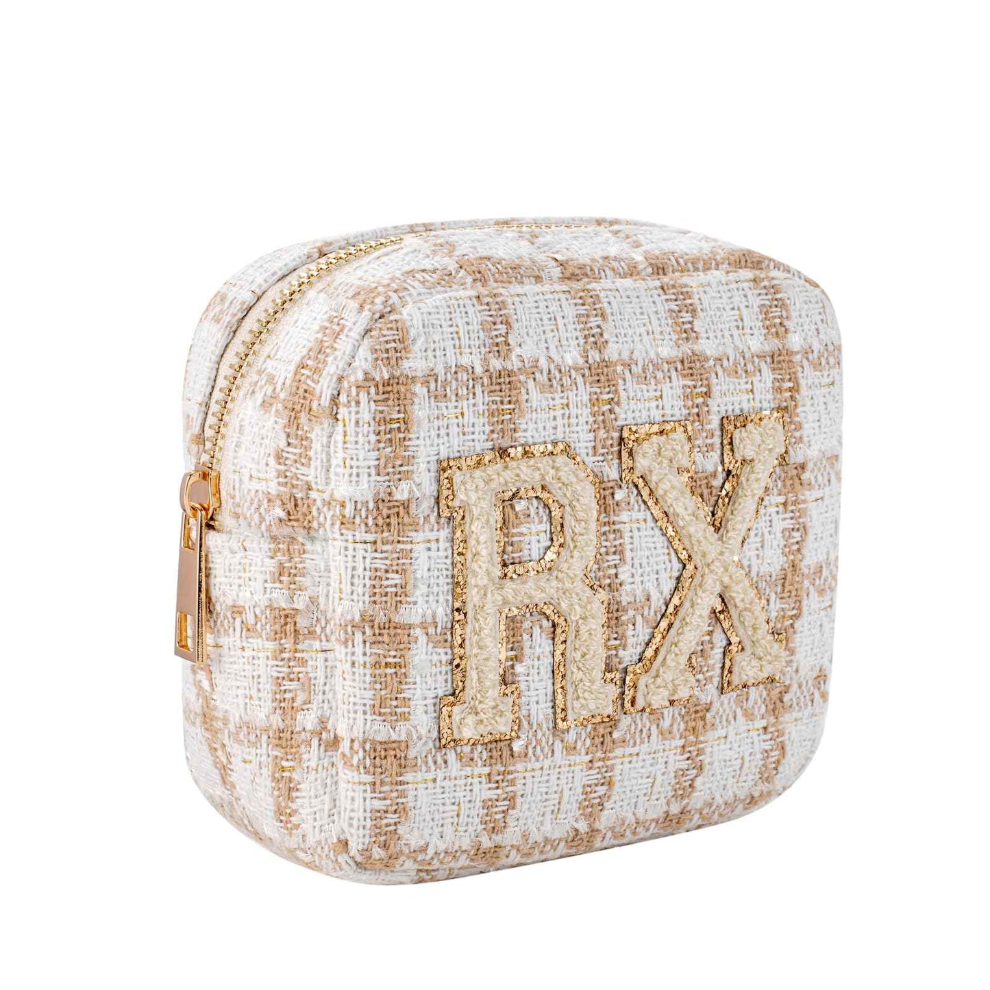 RSRSLEII Small Medicine Bag for Travel, Personalized RX Chenille Letters Checkered Pouch for Women and Girls, Cute Meds Drug Makeup Bags with Zipper (01Beige Checkered)