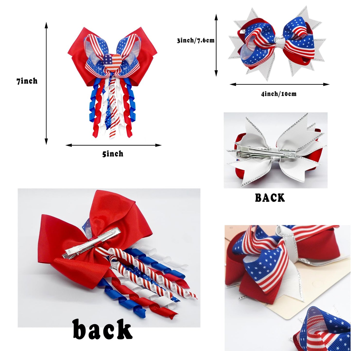 JUCCPUL 4Pcs 4th of July Hair Bows Clips for Girls American Flag Barrette Hair Bow Patriotic Stars and Stripes Hairgrips Baby Girls Women Hair Accessories 5inch