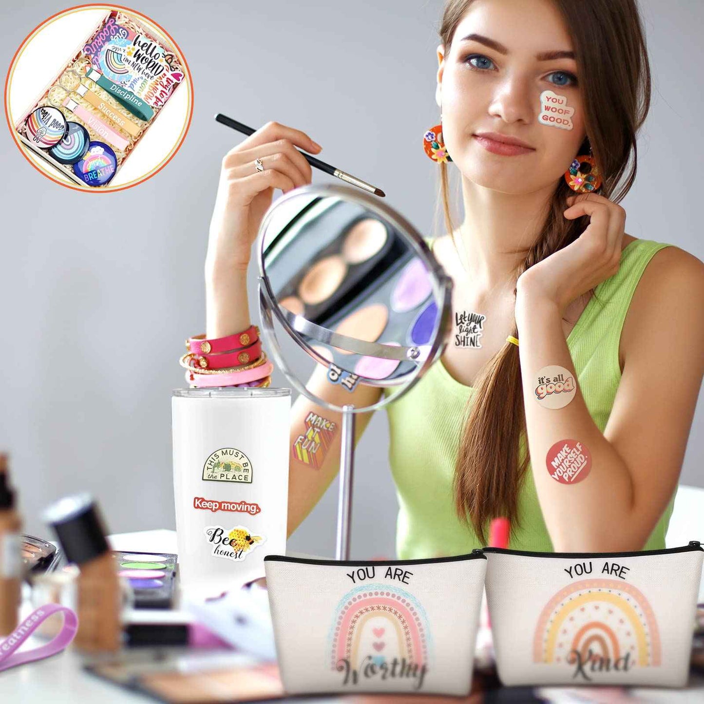 Pinkunn 68 Pcs Inspirational Gifts Bulk Inspirational Quote Key Chains Rainbow Canvas Cosmetic Bags with Zipper Motivational Stickers Button Badges Gifts for Teacher Birthday Graduation