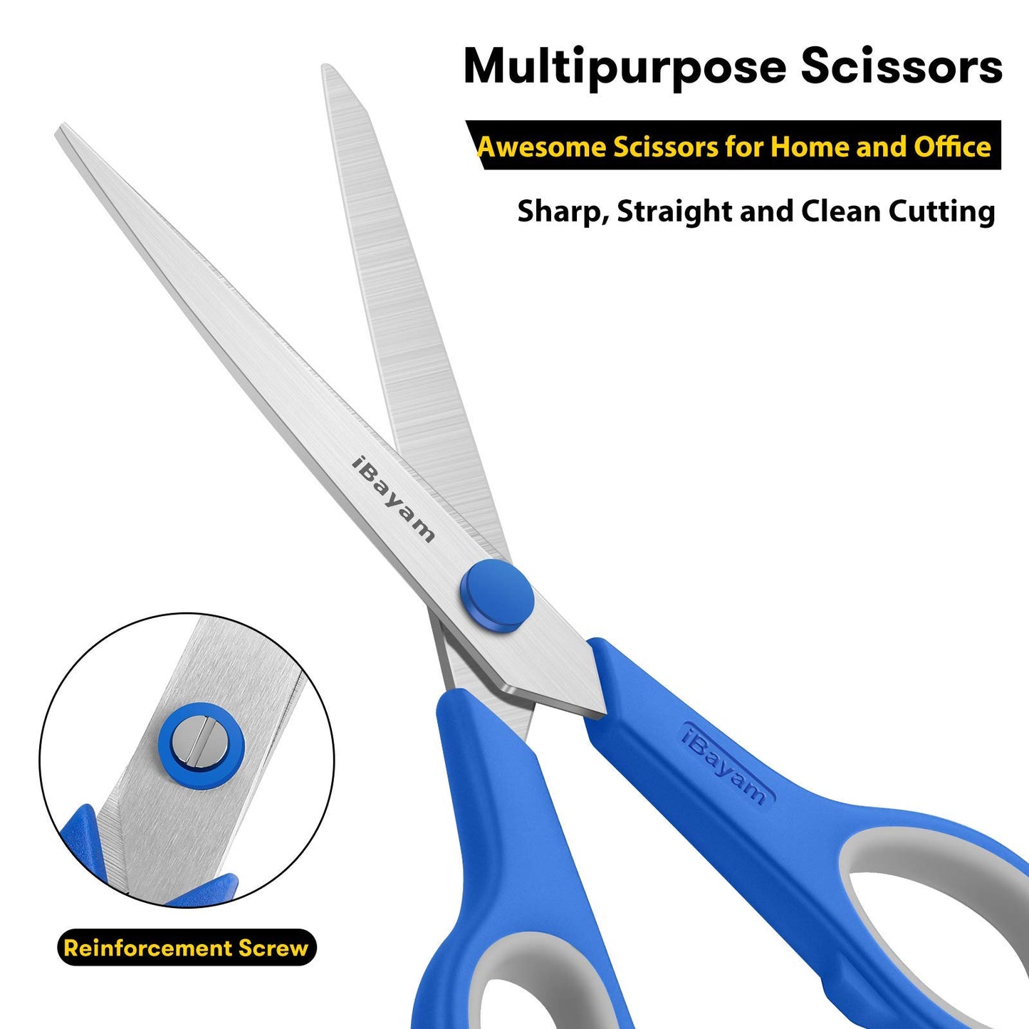 Scissors, iBayam 8" All Purpose Scissors Bulk 3-Pack, Ultra Sharp 2.5mm Thick Blade Shears Comfort-Grip Scissors for Office Desk Accessories Sewing Fabric Home Craft School Supplies, Right/Left Handed