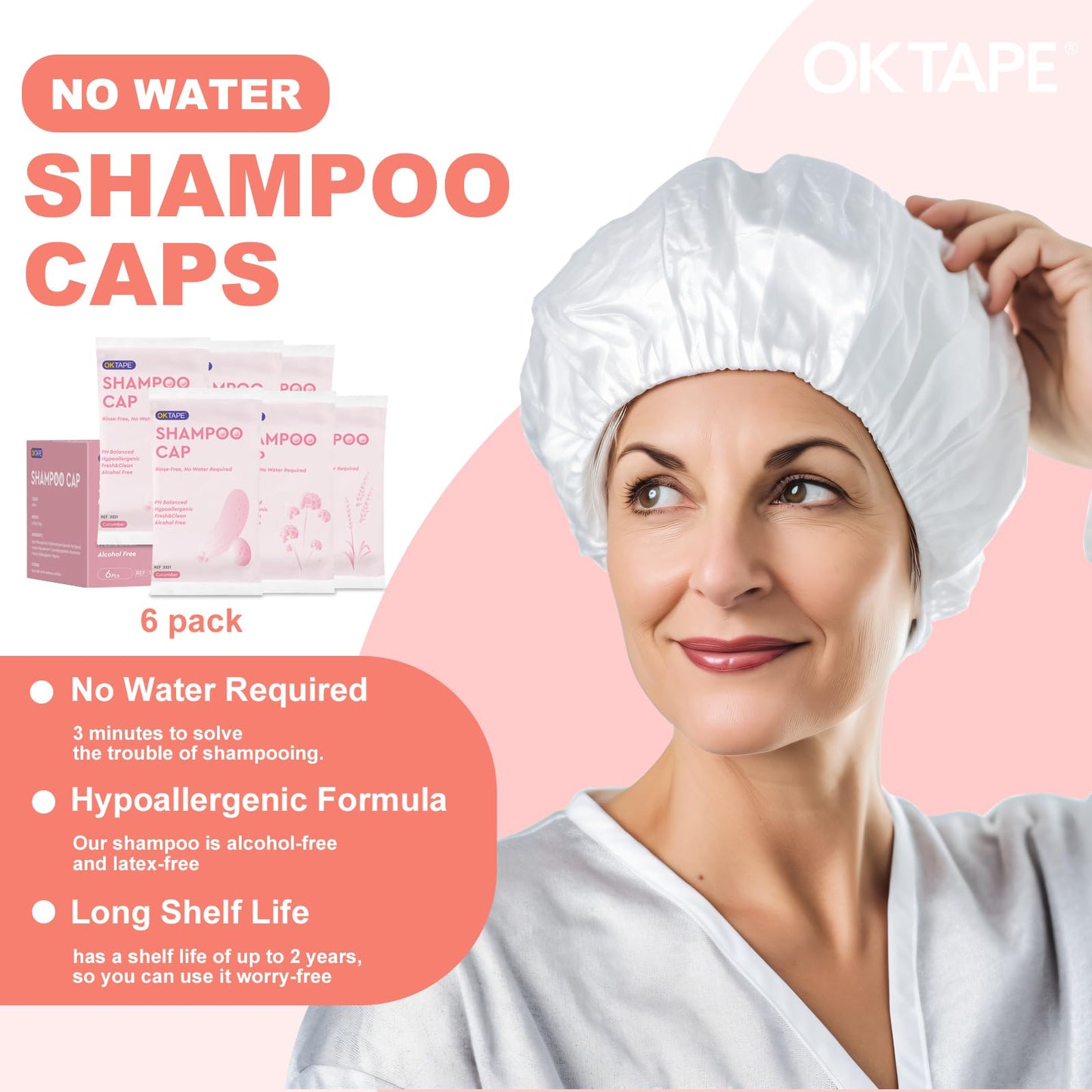 OK TAPE No Water Rinse Free Shampoo Cap (6 Packs), Microwaveable Shampoo Caps for Bedridden Patients or Elderly, Waterless Shampoo and Condition Hair, Cucumber, Lavender, Verbenae 3 Fragrances