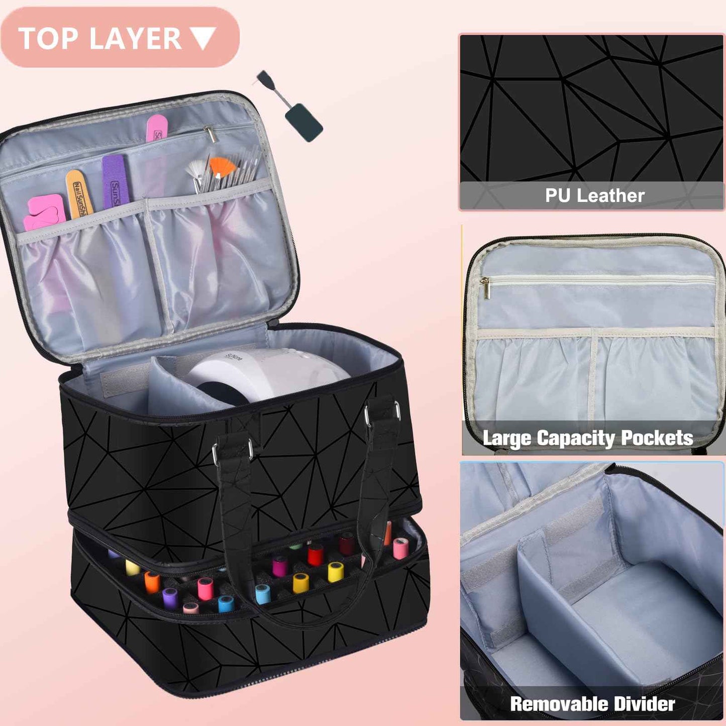 FCQQYWZ Large Nail Polish Organizer Case Hold 84+ Bottles Nail Polish & Nail Lamp, 3 Layers Nail Organizers and Storage for Nail Tech with Divider, Travel Carrying Case(Black)