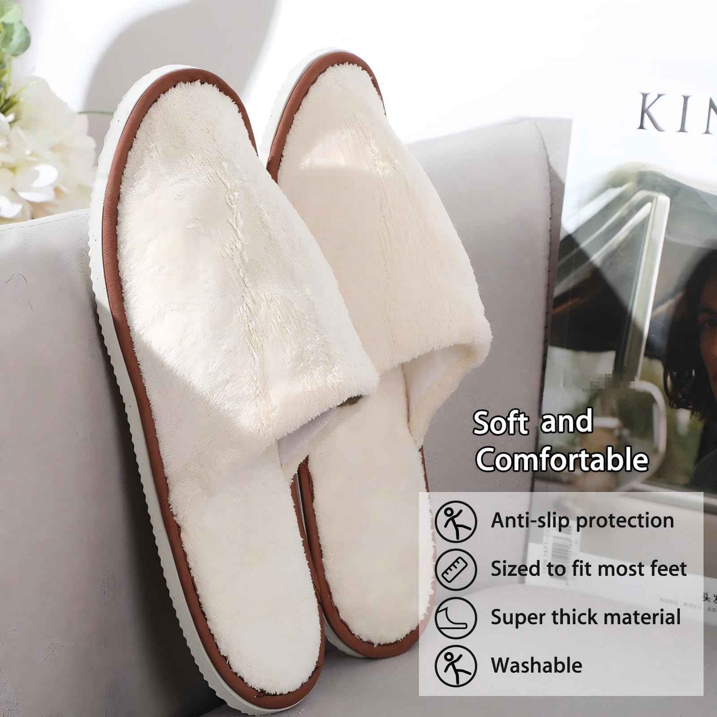 Tarpop 12 Pairs Disposable Slippers for Guests Bulk House Spa Slippers Fluffy Coral Fleece Indoor Hotel Shoes for Women Men Shoeless Home Hotel Bedroom Travel(White, Yellow, Grey)