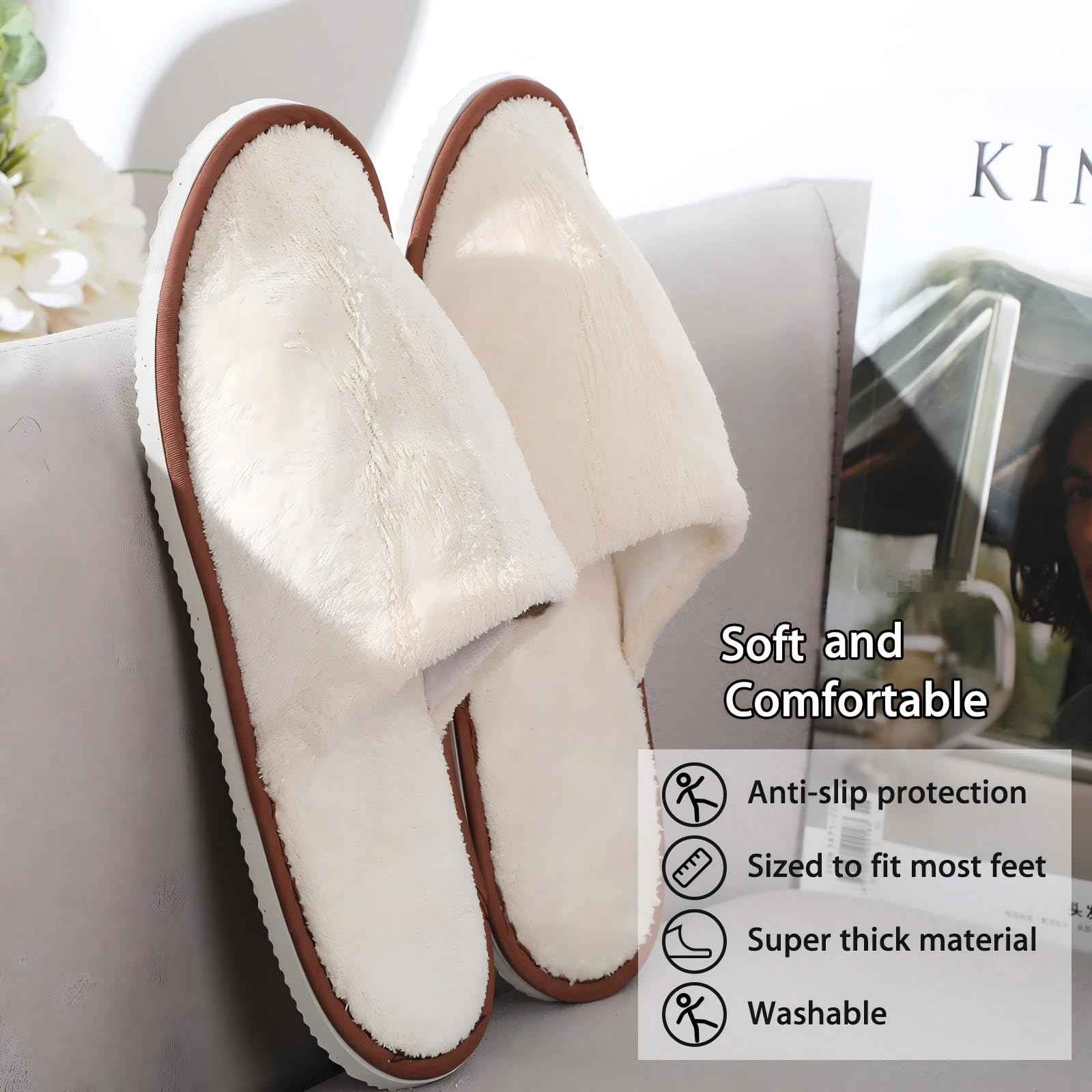 Tarpop 12 Pairs Disposable Slippers for Guests Bulk House Spa Slippers Fluffy Coral Fleece Indoor Hotel Shoes for Women Men Shoeless Home Hotel Bedroom Travel(White, Yellow, Grey)