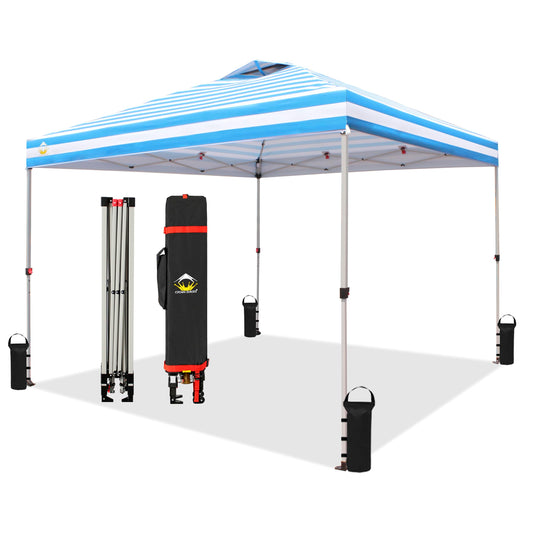 Crown Shades 10x10 Pop up Canopy Tent, Patented One Push Pop Up Tent with Wheeled Carry Bag, Bonus 8 Stakes and 4 Ropes, Sky Blue Stripes