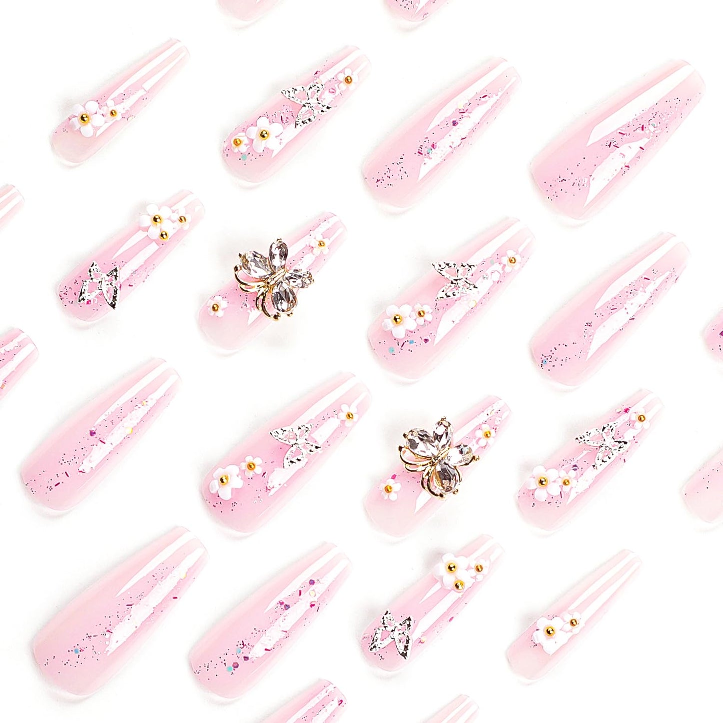 Press on Nails Long Coffin Fake Nails Pink Fake Nails Flower Rhinestones and 3D Butterfly Charm with Designs Acrylic Nails Stick Glue on Nails for Women 24Pcs