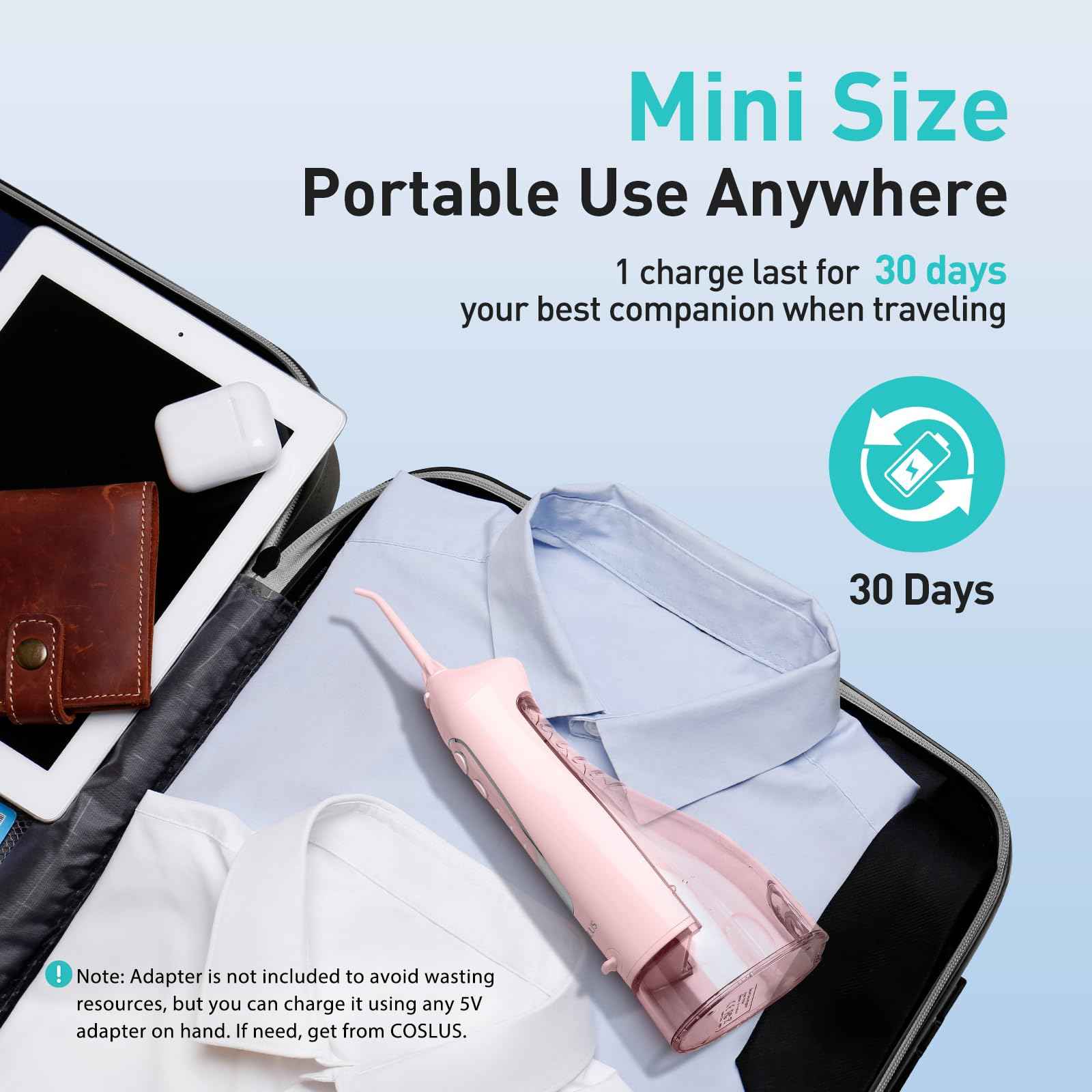 COSLUS Water Dental Flosser Teeth Pick: Portable Cordless Oral Irrigator 300ML Rechargeable Travel Irrigation Cleaner IPX7 Waterproof Electric Flossing Machine for Teeth Cleaning C20(F5020E) Pink