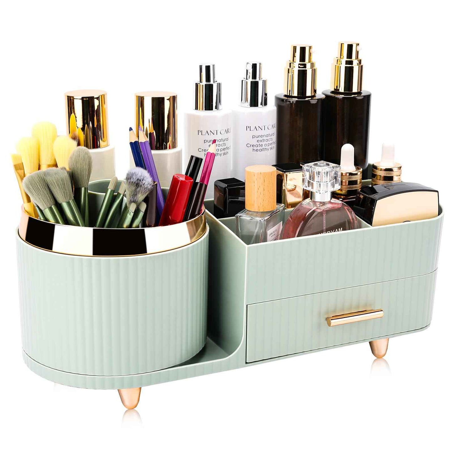 Beborxue 360° Rotating Makeup Organizer for Vanity with Drawers, Large Capacity Cosmetic Display Case, skincare organizer, Cosmetic Organizer for Lipstick, Skincare, Brushes, Eyeshadow, (Green)