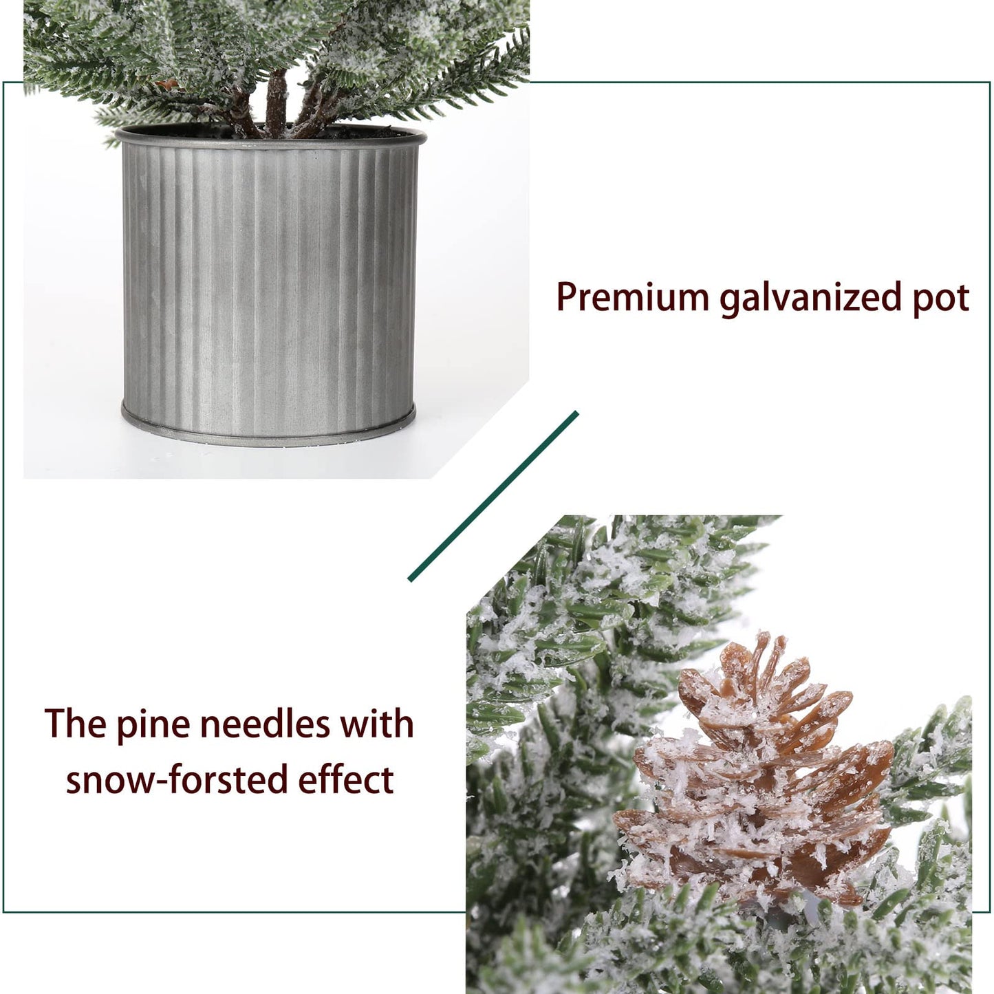 Mini Christmas Tree Snow Frosted Artificial Xmas Cone Tree with Pine Cones in Galvanized Tin, 18 Inches