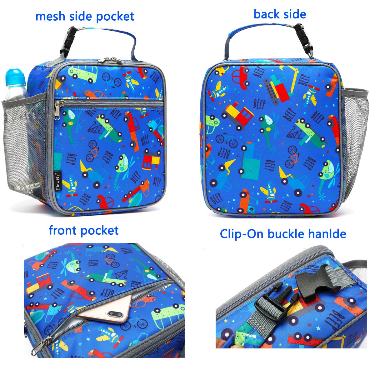 FlowFly Kids Lunch box Insulated Soft Bag Mini Cooler Back to School Thermal Meal Tote Kit for Girls, Boys, Car