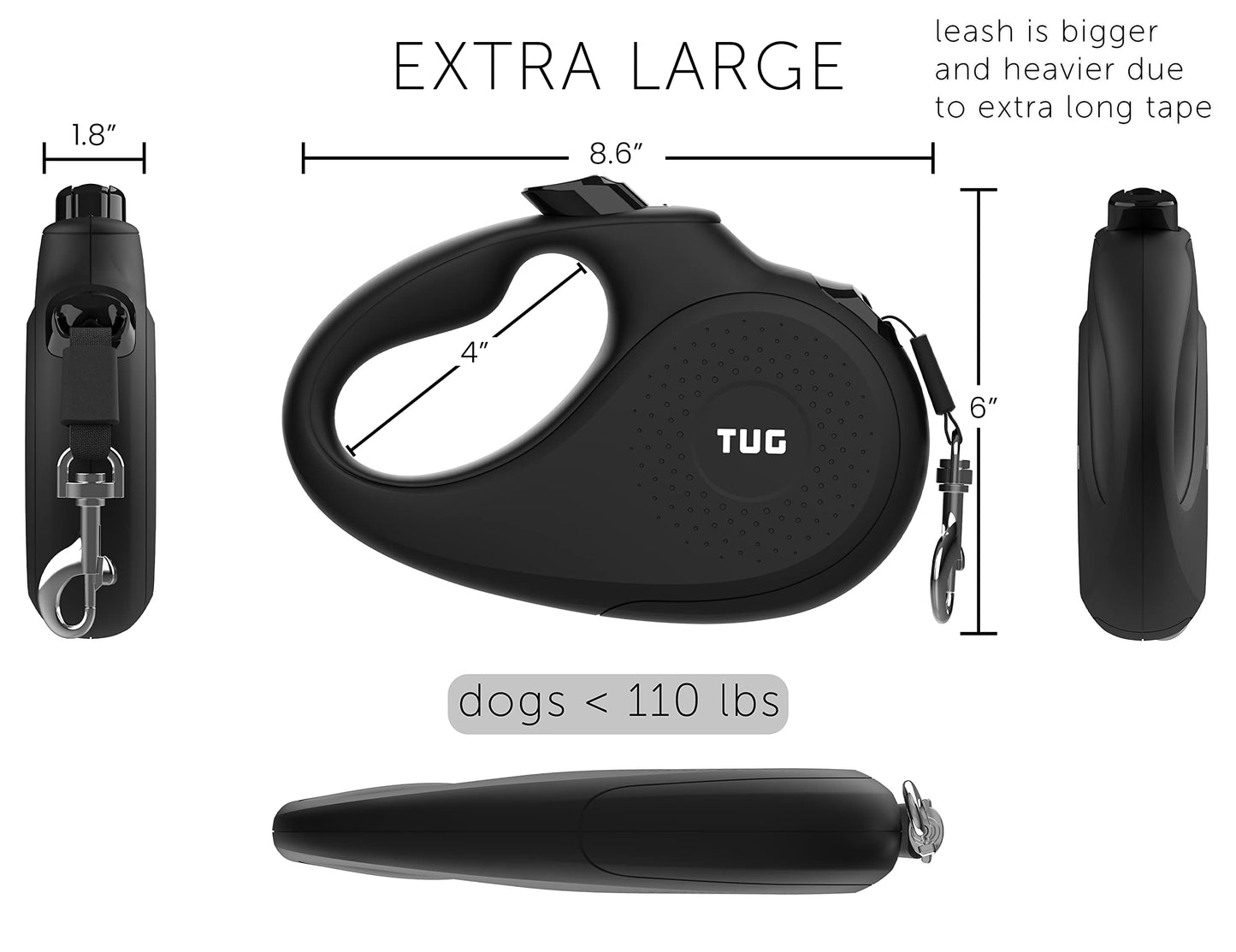 TUG Monochrome XL 360° Tangle-Free Retractable Dog Leash | 26 ft Strong Nylon Tape | One-Handed Brake, Pause, Lock (Extra Large, Black)