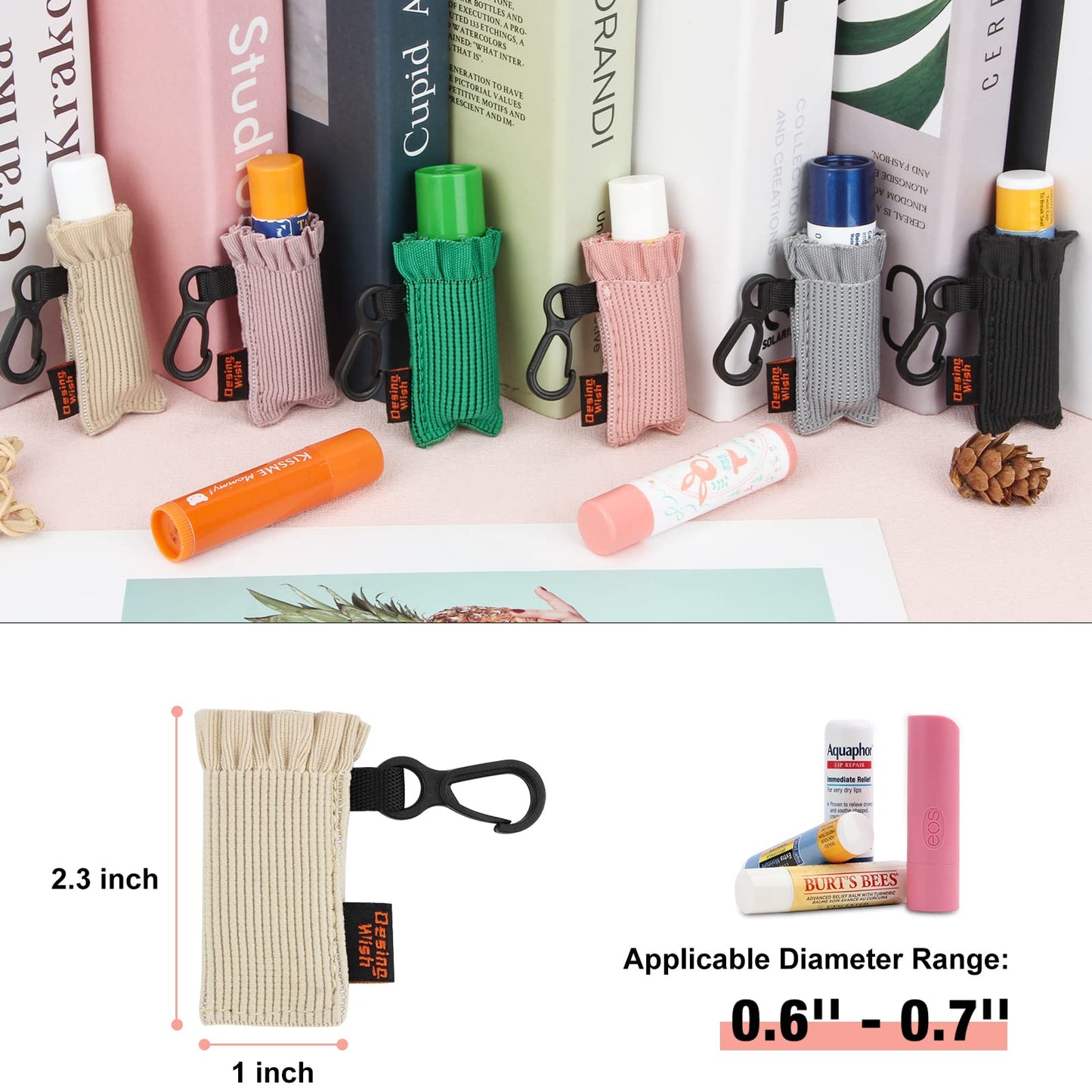 Desing Wish Lip Balm Holder Keychain, Elastic Chapstick Holder Sleeve, Cute Pattern Lip Balm Keychain Sleeves Clip On Keys/Purse/Bag 6 Pack (Beige/Dusty Pink/Green/Pink/Grey/Black)