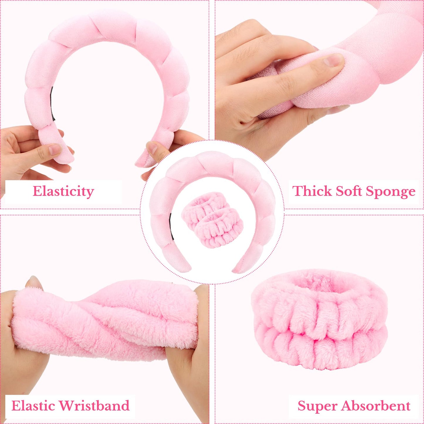 CAVETEE Makeup Headband for Girls Spa Party Favor, Spa Party Decorations Bubble Headband Thick Sponge Headband with Strong Water Absorption for Makeup Removal Skincare Shower (Pink)