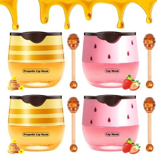 Bee Lip Balm Honey Pot, Strawberry & Honey Moisturizing Propolis Lip Mask, Hydrating & Prevention Dry and Cracked Lip Scrubs Exfoliator, Reduces Lip Lines (2Pcs Pink + 2Pcs Yellow)