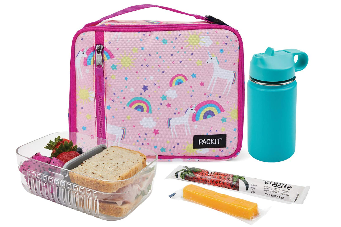 PackIt Freezable Classic Lunch Box, Unicorn Sky Pink, Built with EcoFreeze Technology, Collapsible, Reusable, Zip Closure With Zip Front Pocket and Buckle Handle, Perfect for School Lunches