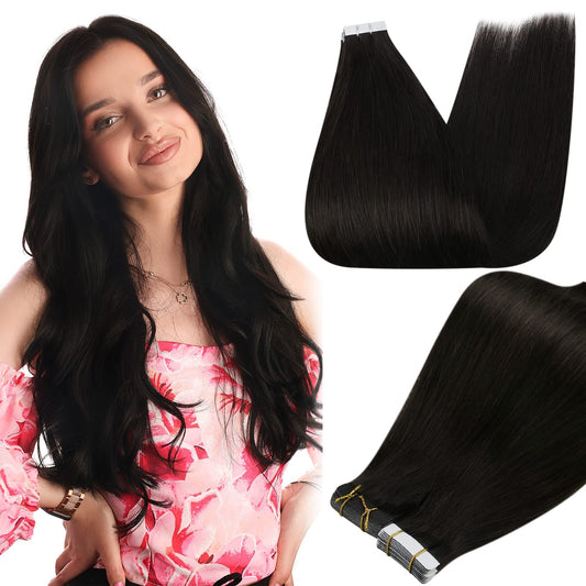 Full Shine Tape in Hair Extensions Human Hair 18Inch Seamless Skin Weft Pu Tape ins Human Hair Extensions Color 1B Off Black Tape in Extensions Real Human Hair 20Pcs 50G Invisible Remy Hair