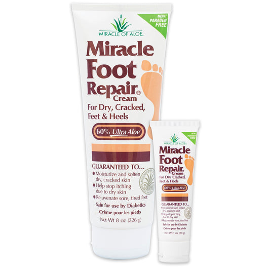 Miracle Foot Repair Cream (8 oz & 1 oz) Repairs Dry Cracked Heels and Feet, 60% Pure UltraAloe Moisturizes, Softens, and Repairs