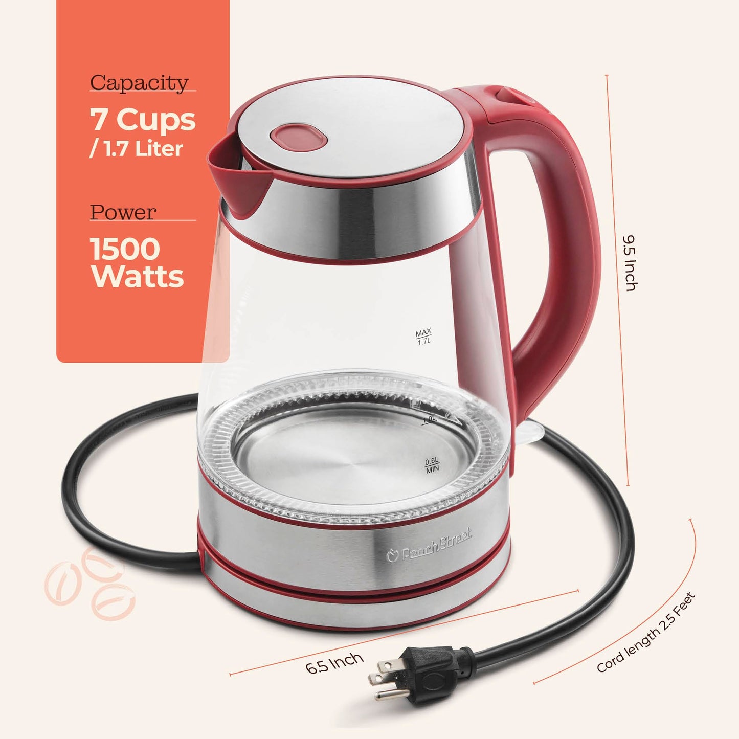 Speed-Boil Water Electric Kettle, 1.7L 1500W, Coffee & Tea Kettle Borosilicate Glass, Wide Opening, Auto Shut-Off, Cool Touch Handle, LED Light. 360° Rotation, Boil Dry Protection