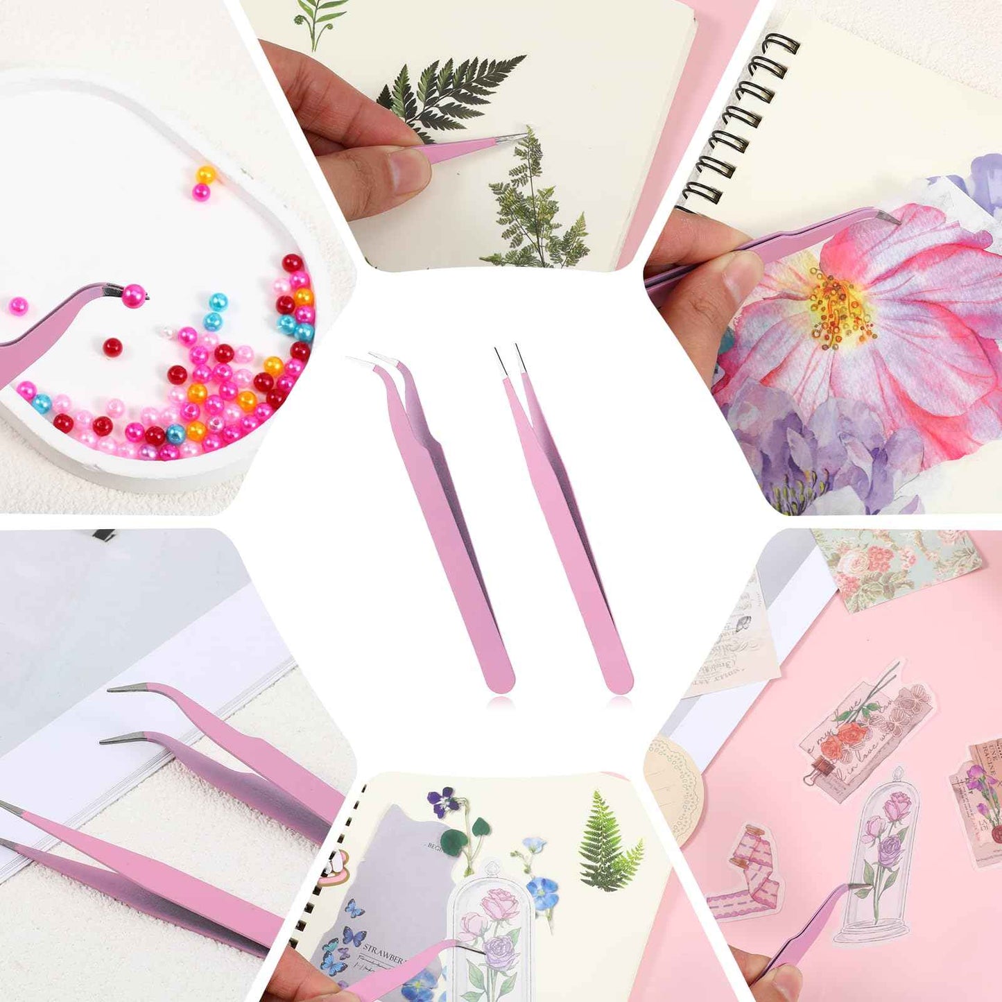 Tweezers for Crafting, 2PCS Sticker Tweezers Pink Craft Tweezers Stainless Steel Lash Cluster Tweezers Straight and Curved Nail Tweezers Eyelash Tweezers for Lash Extensions Scrapbooking Jewelry Tools