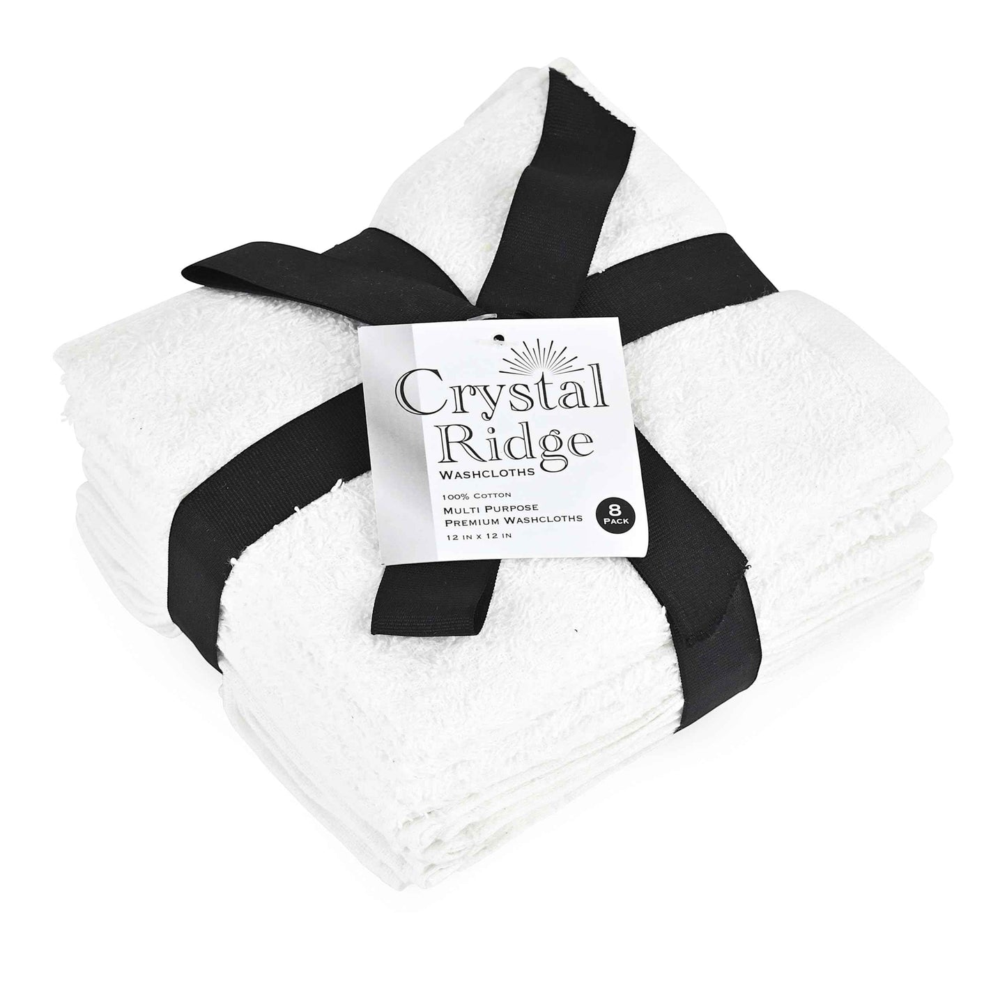 Crystal Ridge 100% Cotton Premium Wash Cloths, 12"x12", 8 Pack, Soft Feel, Absorbent Multipurpose Towels for Bathroom, Kitchen and Gym. Face & Body Washcloths, Bar Towels (8, White)
