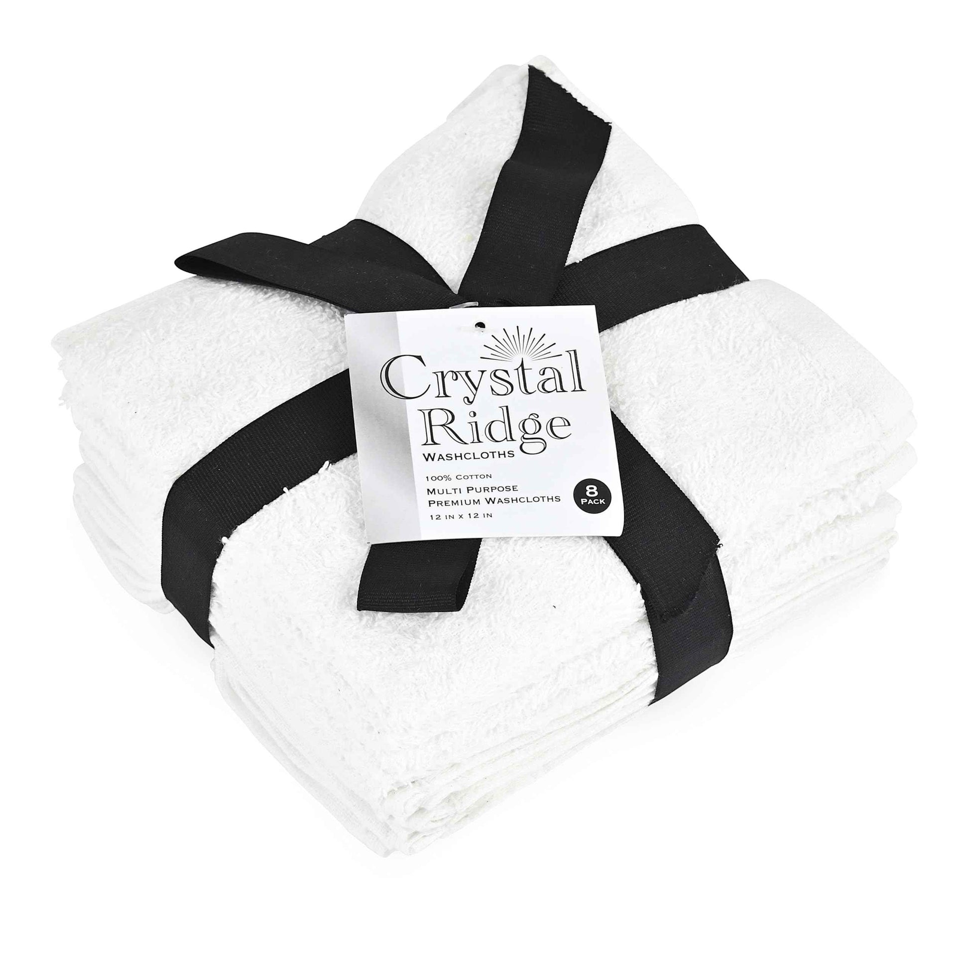 Crystal Ridge 100% Cotton Premium Wash Cloths, 12"x12", 8 Pack, Soft Feel, Absorbent Multipurpose Towels for Bathroom, Kitchen and Gym. Face & Body Washcloths, Bar Towels (8, White)