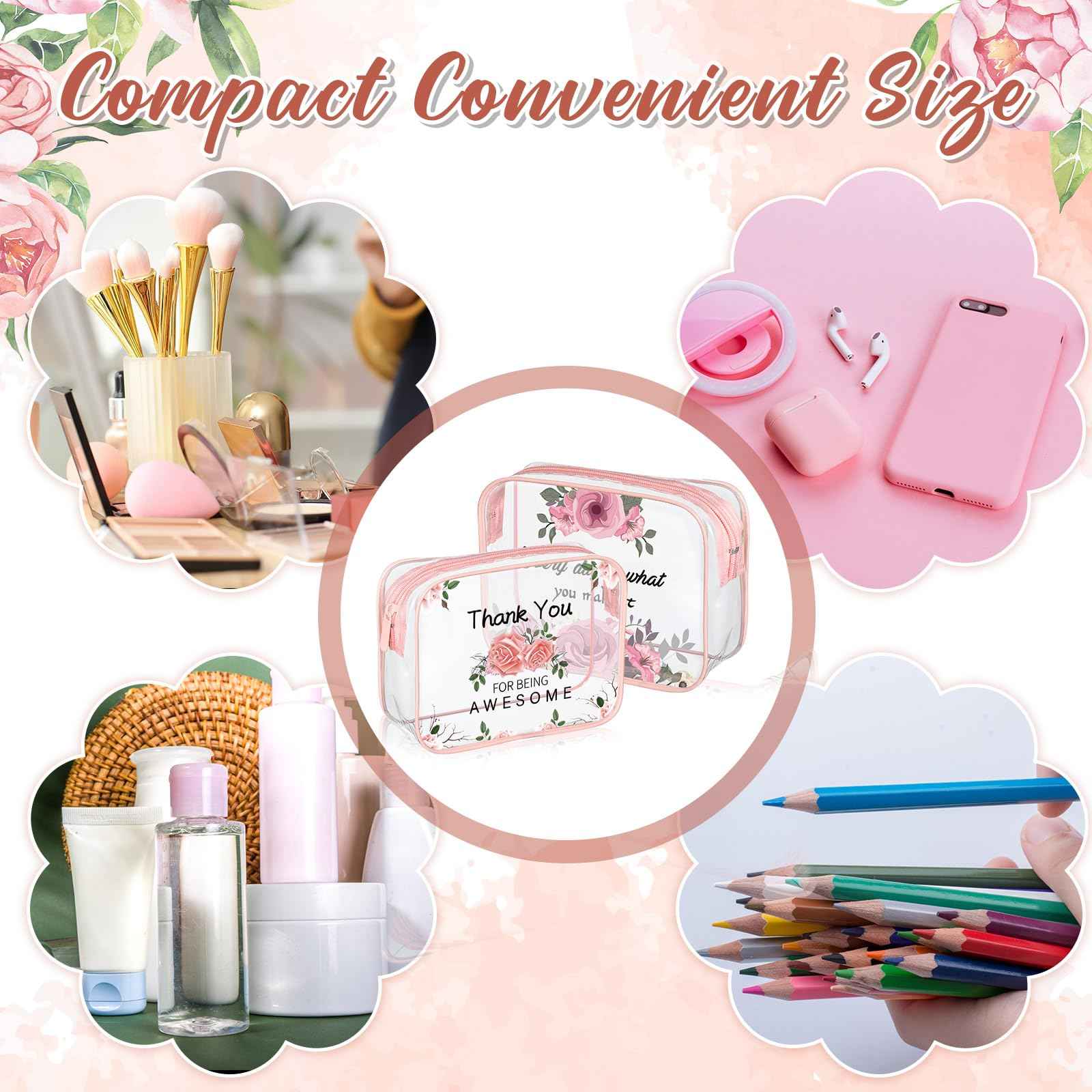 Kacctyen 12 Pcs Clear Makeup Bags Flower Bulk Inspirational Quotes Waterproof Portable with Toiletry Zipper Pink Clear PVC Travel Pouch Encouragement Quotes Bags Appreciation Gift for Mother Nurse