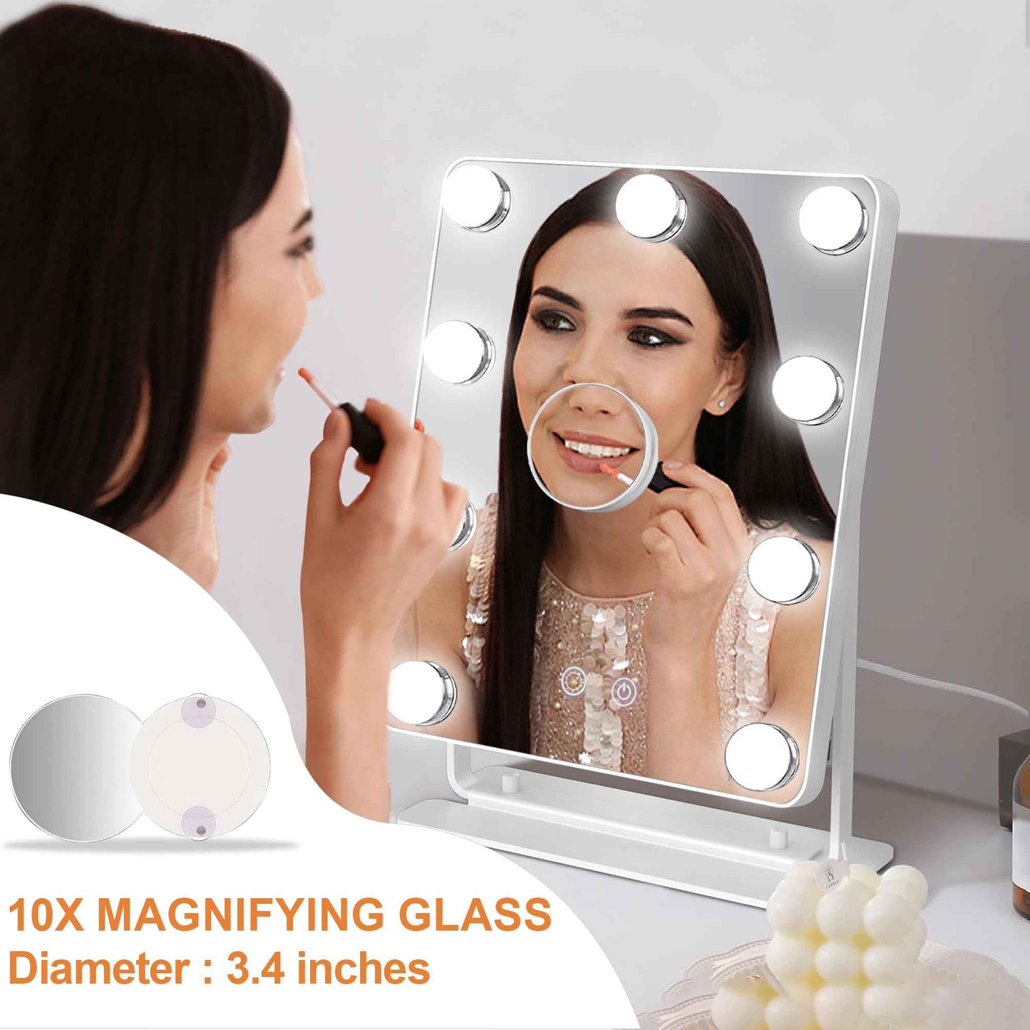 TUSHENGTU Hollywood Vanity Mirror with Lights 9" x 11", Lighted Makeup Mirror with 10X Magnification & 9 LED Bulbs Dimmable, 3 Colors Modes, Touch Control, Plug in Vanity Mirror with Lights, White