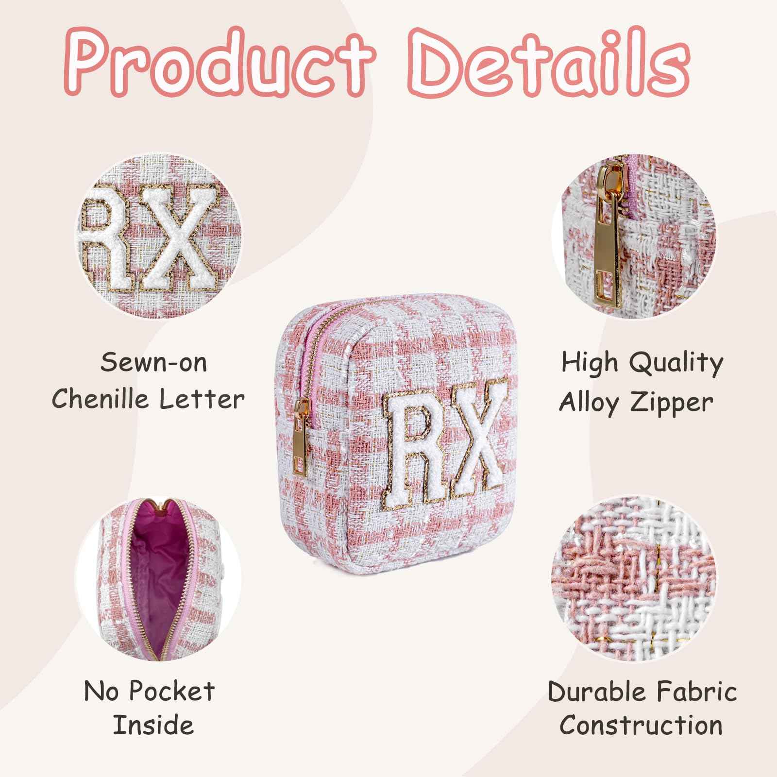 RSRSLEII Small Medicine Bag for Travel, Personalized RX Chenille Letters Checkered Pouch for Women and Girls, Cute Meds Drug Makeup Bags with Zipper (01Beige Checkered)