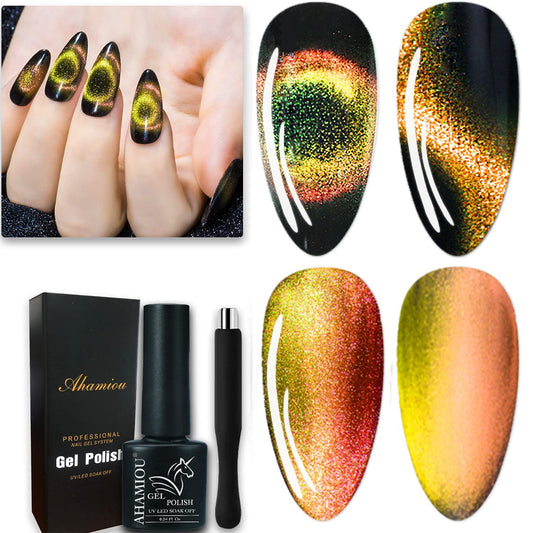 AHAMIOU 9D Cat Eye Gel Nail Polish Magnetic Nail Polish Holographic Cats Eyes Gel Nail Polish Gel with Chameleon Magic Effect with Magnet Stick (Orange&Yellow)