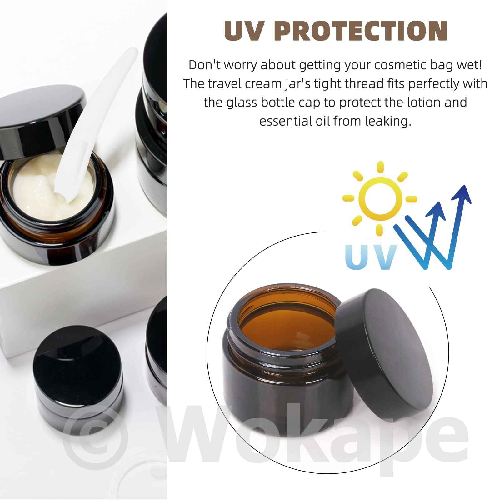 Wokape 20Pcs 5ml Round Glass Jars with Liner Lids Spoons, 0.17oz Amber Refillable Cosmetic Storage Jars for Cream Lotion Liquid Powder