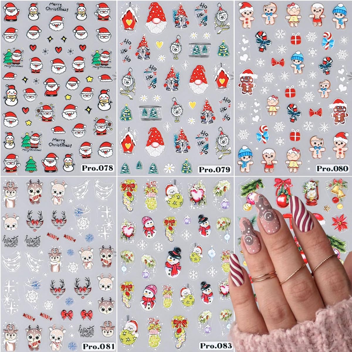 6 Sheet Christmas Nail Art Stickers Decals Self-Adhesive 3D Snowflake Santa Claus Nail Stickers Cute Christmas Nail Art Design Stickers Elk Bell Nail Decals for Women Xmas Holiday Nail Decoration Supp