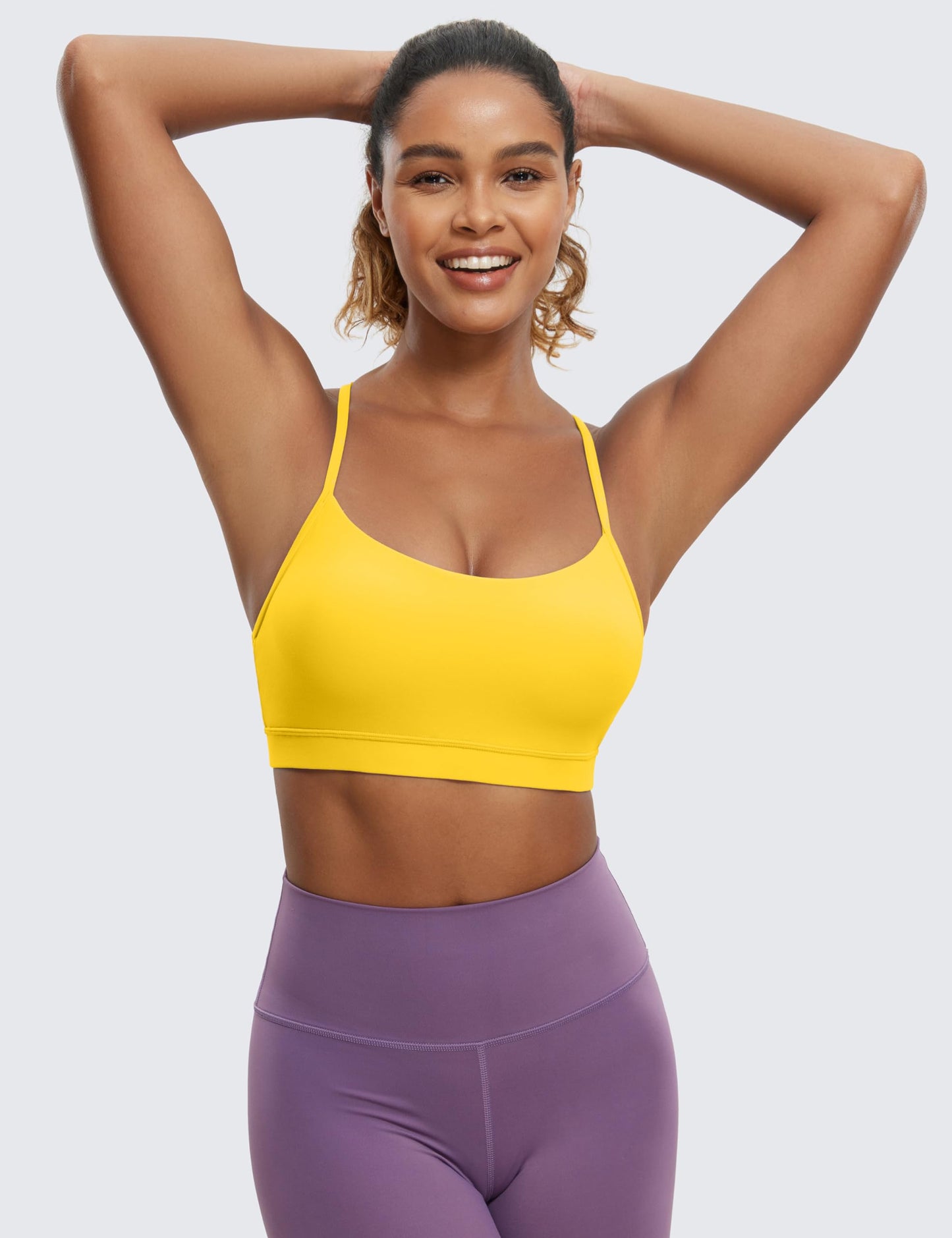 CRZ YOGA Butterluxe Womens Y Back Sports Bra - Padded Racerback Low Impact Spaghetti Thin Strap Workout Yoga Bra High Visibility Yellow X-Small