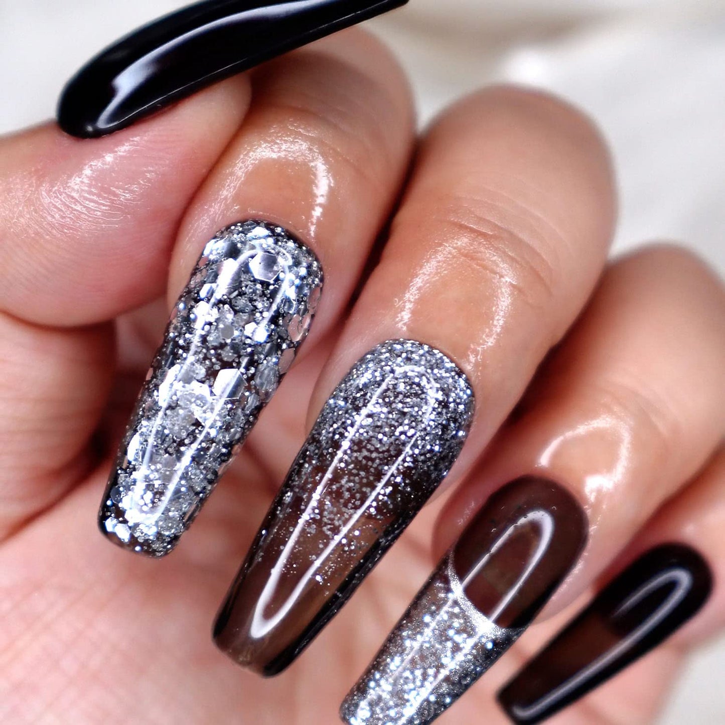 10 Pcs Handmade Press on Nails (X-Small, Hard Rock - Jelly Black with Silver French Tips and Star Dust Ombre/Long Coffin) A096XS