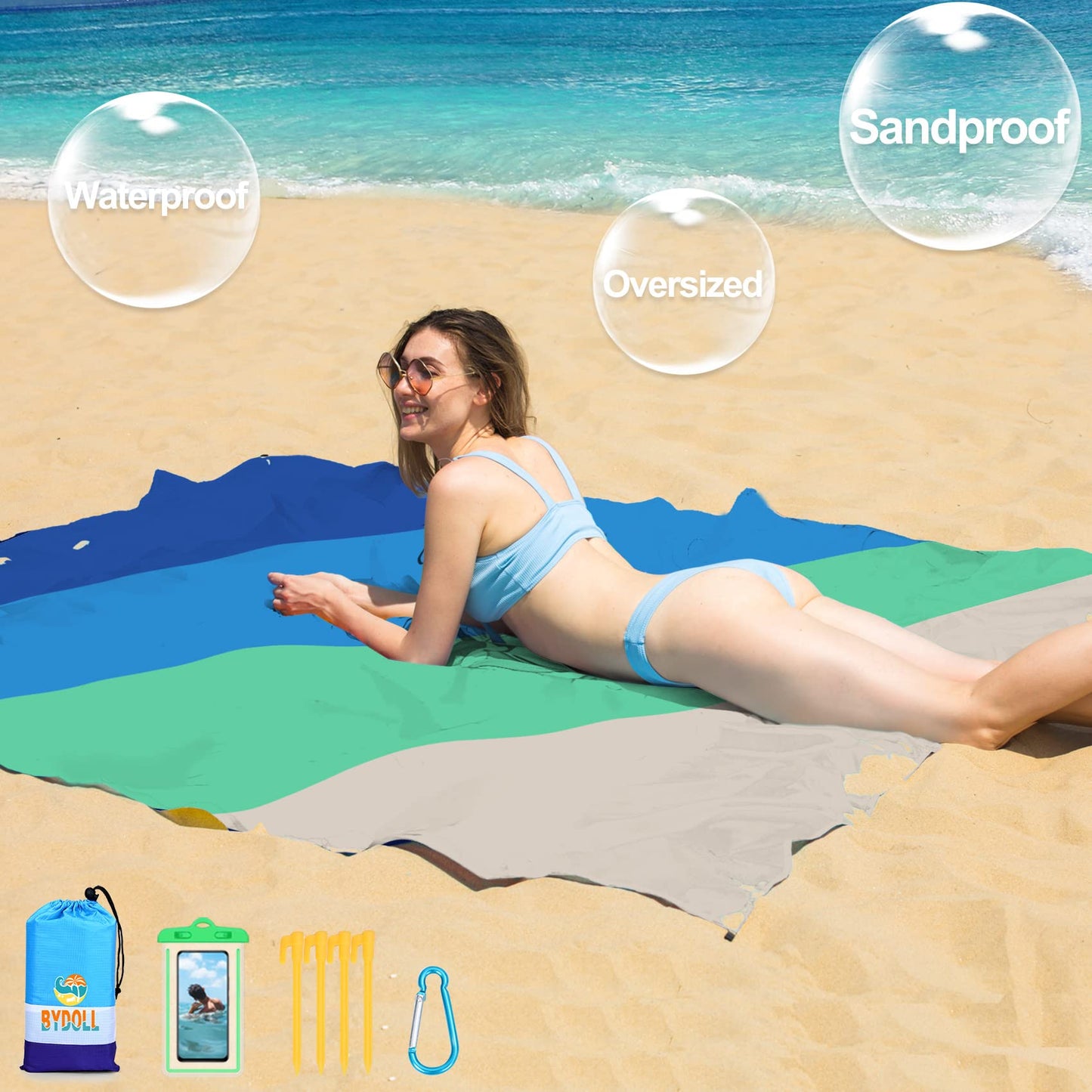 BYDOLL Beach Blanket 78''×81'' 1-5 Adults Oversized Lightweight Waterproof Sandproof Beach Blanket Large Picnic Mat Beach Blanket for Beach Travel Camping Hiking Picnic