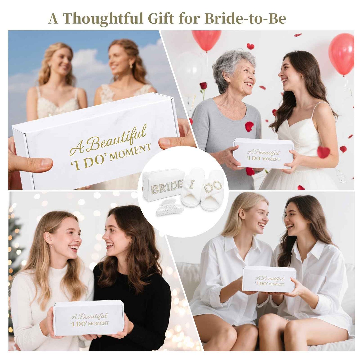 Zeokiar Bridal Shower Gifts, Bride To Be Gift Set, Wedding Gifts for Bride, Bachelorette Gifts for Bride, Engagement Gift for Her, Bachelor Party Christmas Gifts, Makeup Bag, I DO Slippers, Hair Clip