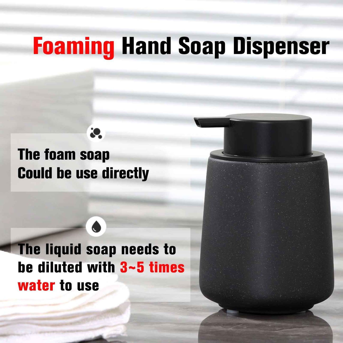 Haocoott Foaming Soap Dispenser Pump 12OZ, Refillable Foam Hand Dish Soap Dispenser Bottle Jar for Bathroom Kitchen Sink Countertop Home Decor - Black