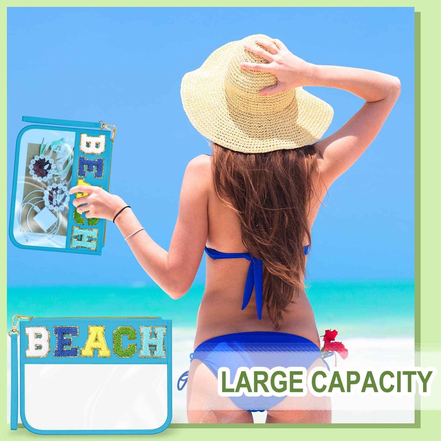 Remerry 4 Pack Clear Chenille Letter Bag Monogram Cosmetic Makeup Bag Travel Snack Beach Stuff Patch Pouch Preppy Accessories for Women Girls(Blue Green Series, Stylish)