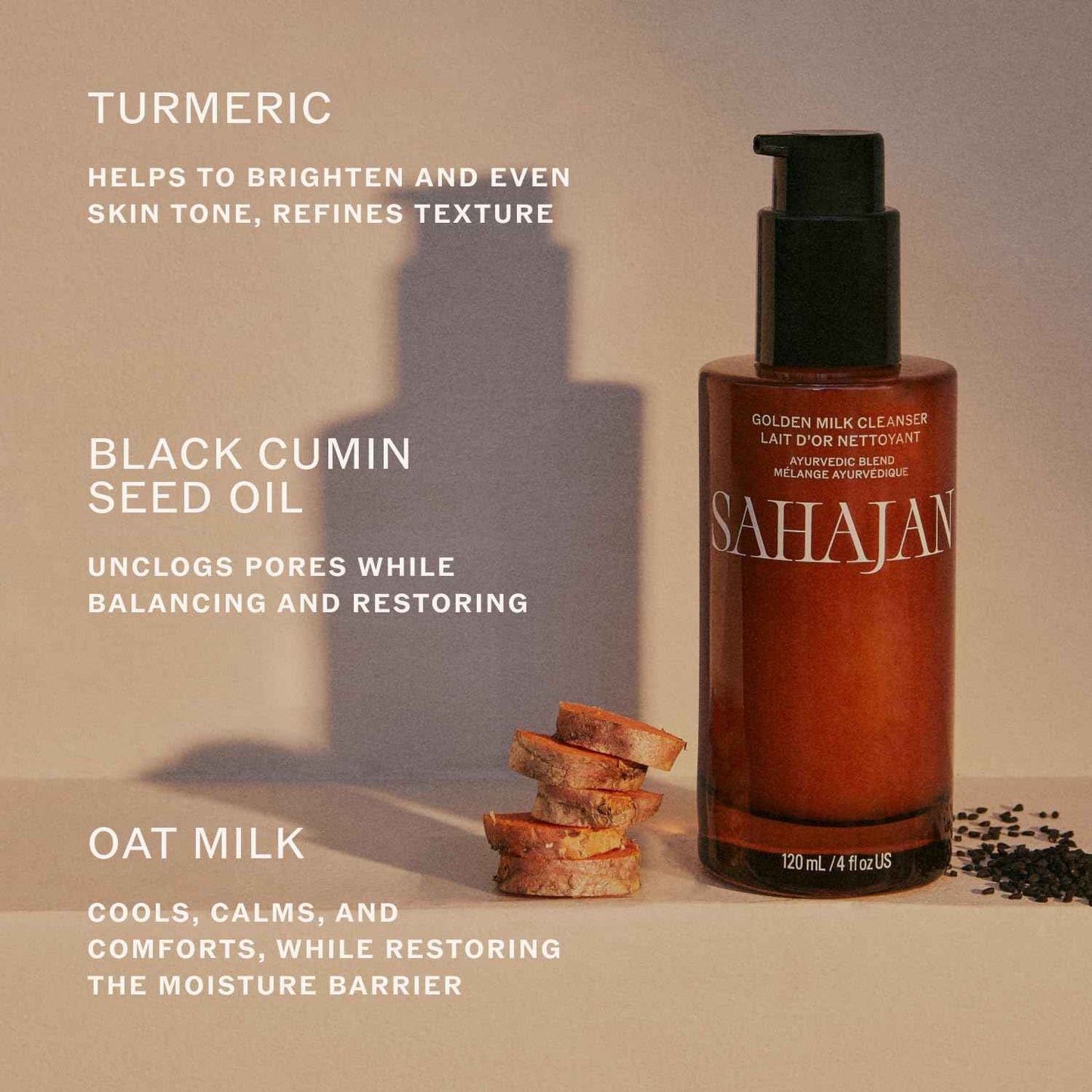 Sahajan Golden Milk Cleanser with Turmeric, Vitamic C + Black Cumin Seed Oil | Ayurvedic Clean Gentle Daily Milky Gel Cleanser | Unclogs Pores, Refines Texture, Calms Redness | 4 fl oz