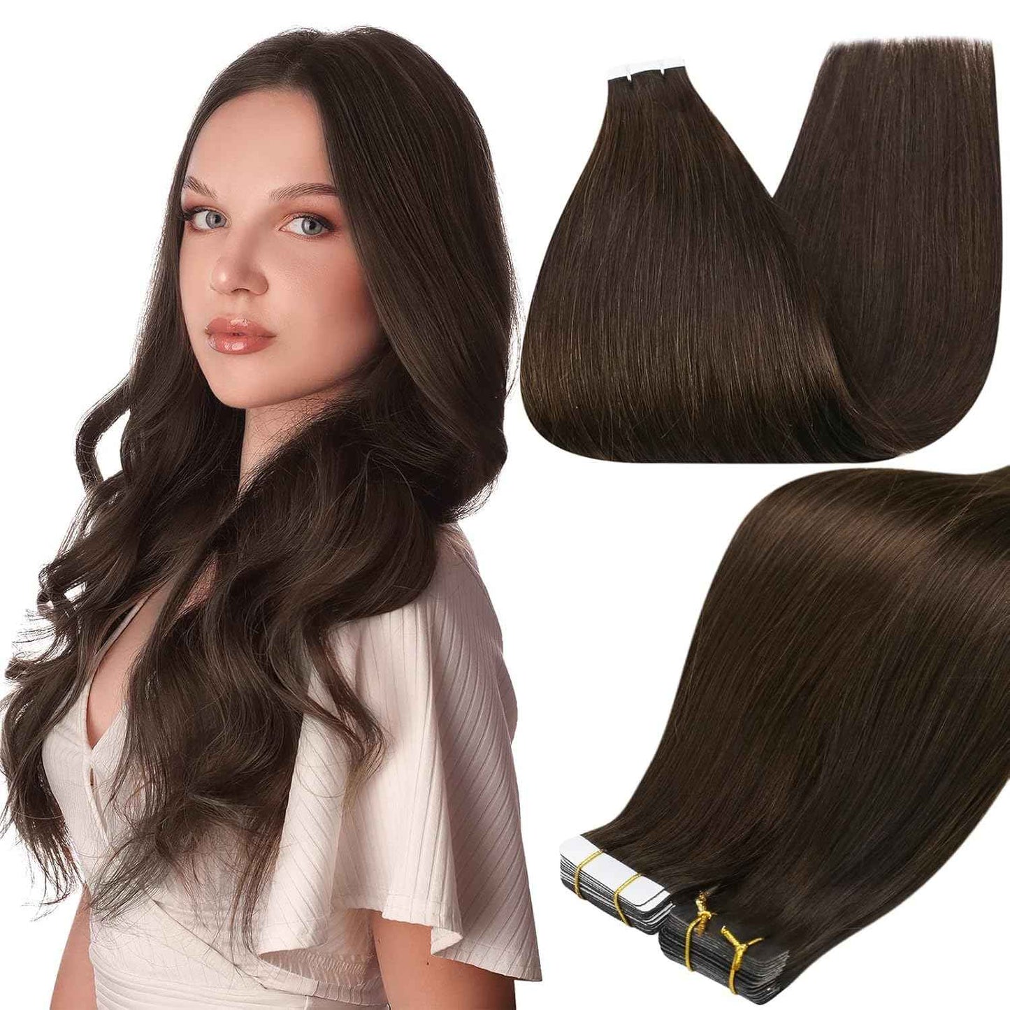 Full Shine 22Inch Tape in Hair Extensions Color 2 Darkest Brown Remy Hair Extensions Real Human Hair Tape in Double Sided Seamless Hair Extension 20Pcs 50g Invisible Human Hair Natural