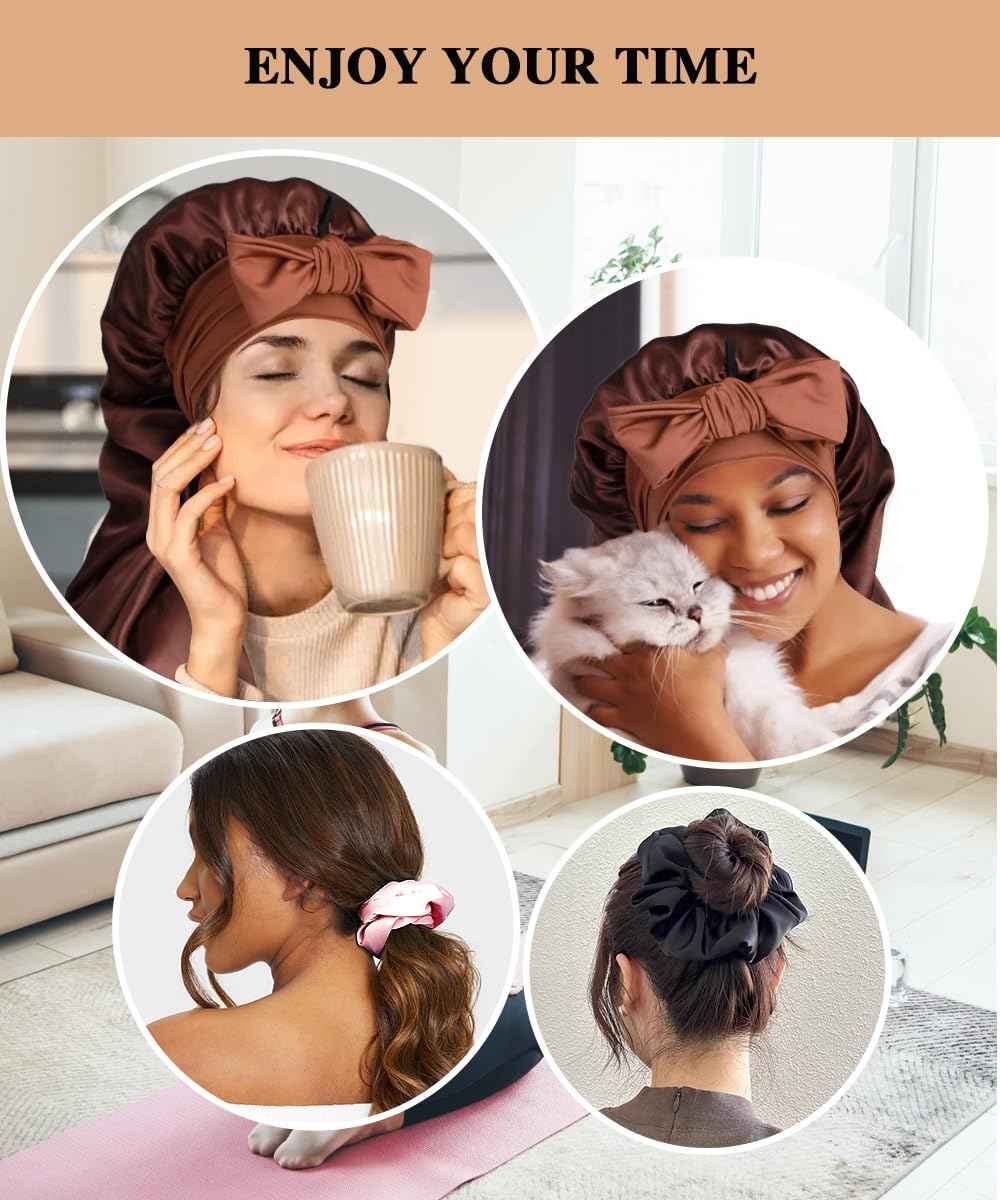 1+3 Long Satin Bonnets with Scrunchies for Women Sleeping, Double Layer Large Braid Bonnet with Tie Band, E