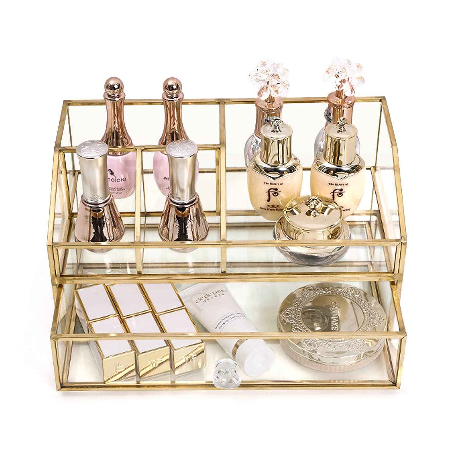 bofeiull Glass Makeup Brush Holder, Makeup Brush Organizer Jewelry Display Box, Nordic Style Elegant Glass Makeup Organizer Nail Polish Lipsticks Eyeliners Holder for Vanity Bathroom Bedroom Office