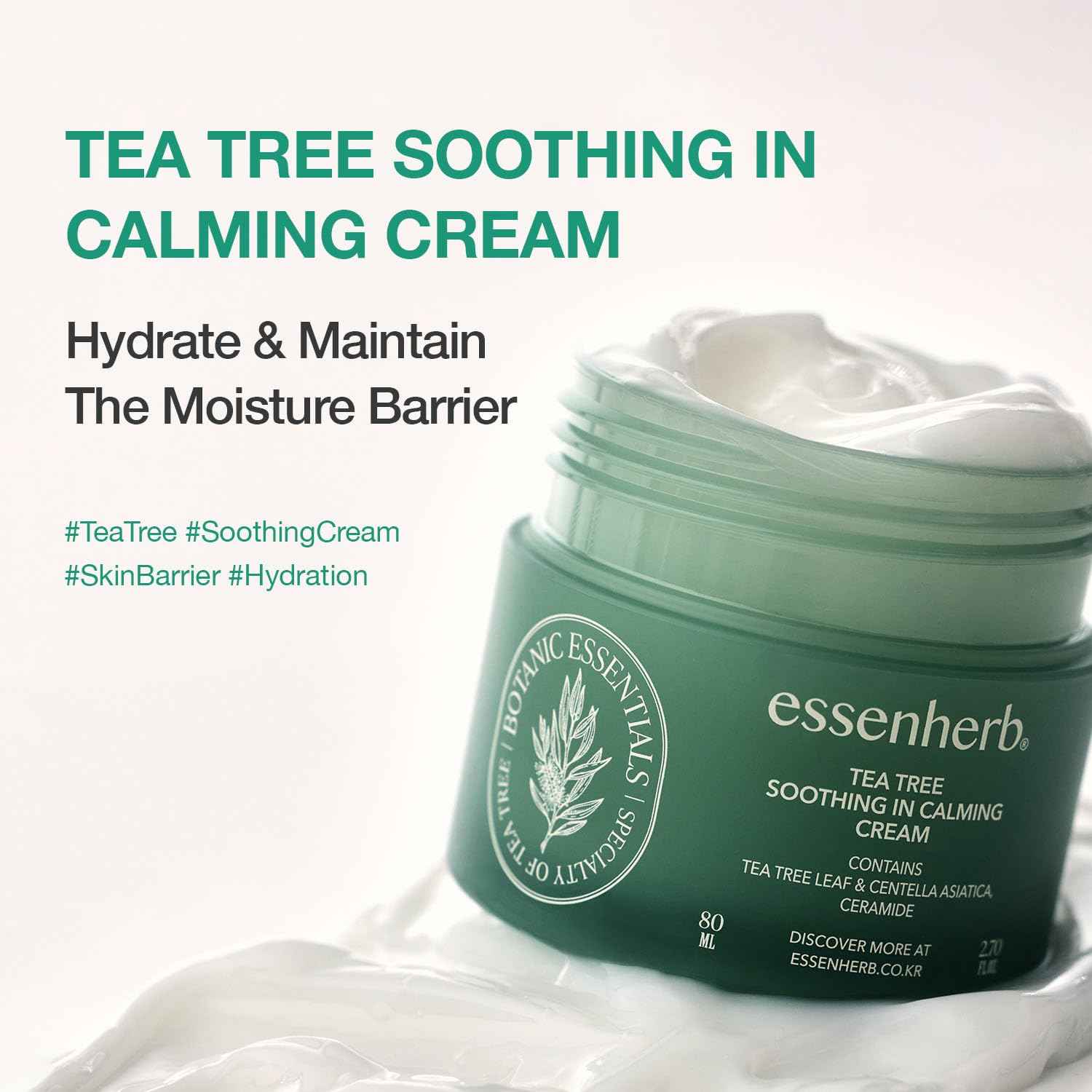 ESSENHERB Tea Tree Soothing In Calming Cream | Tea Tree Moisturizer | Calming Cream for Dry, Sensitive, All Skin Types, Korean Skincare (2.70oz * 2Pack)