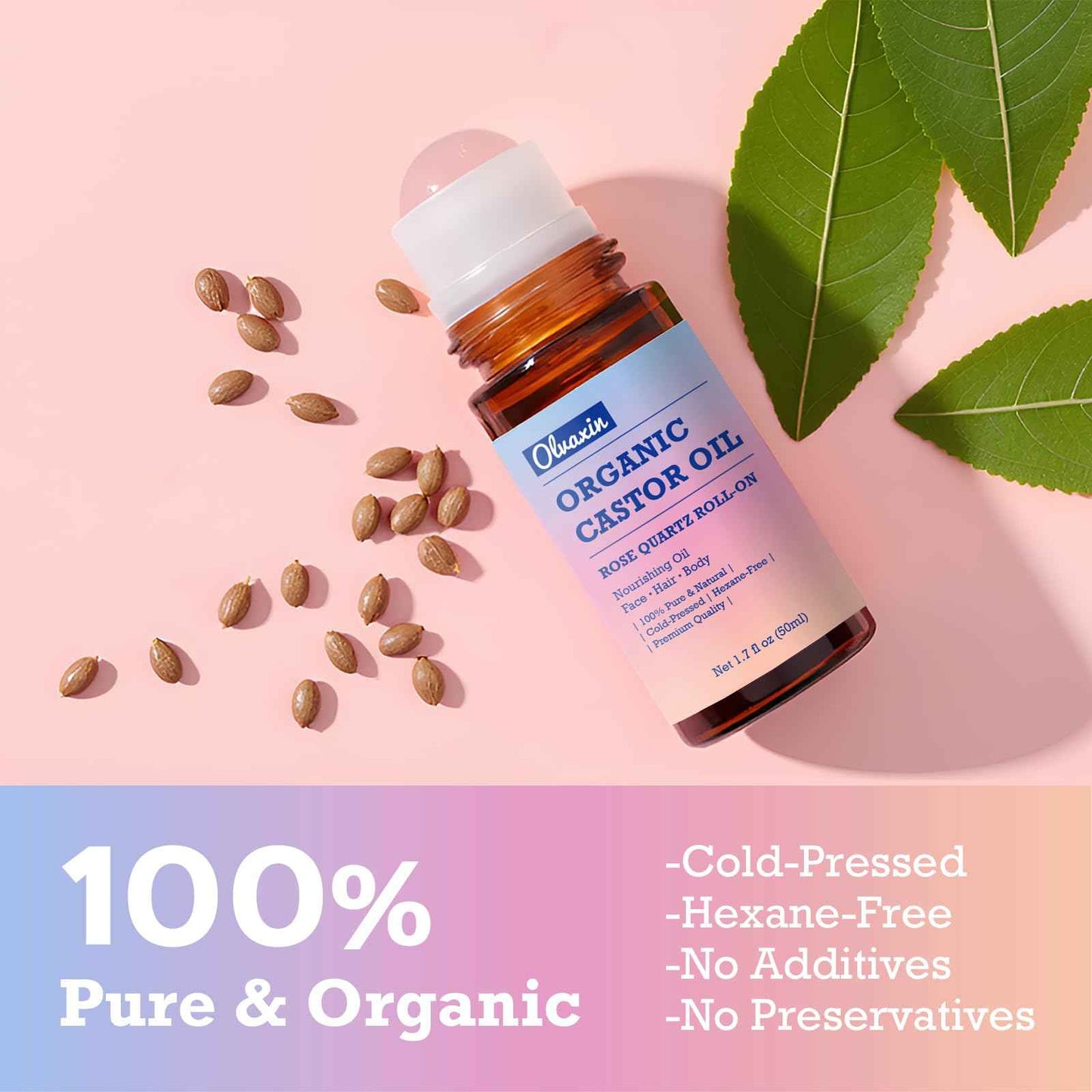 Olvaxin Organic Castor Oil Roll-On with Rose Quartz - 2 Pack x 1.7 fl oz(50mL) | Brown Glass Bottle, Cold Pressed, Hexane Free, Unrefined | Nourishing Oil for Face, Hair and Body