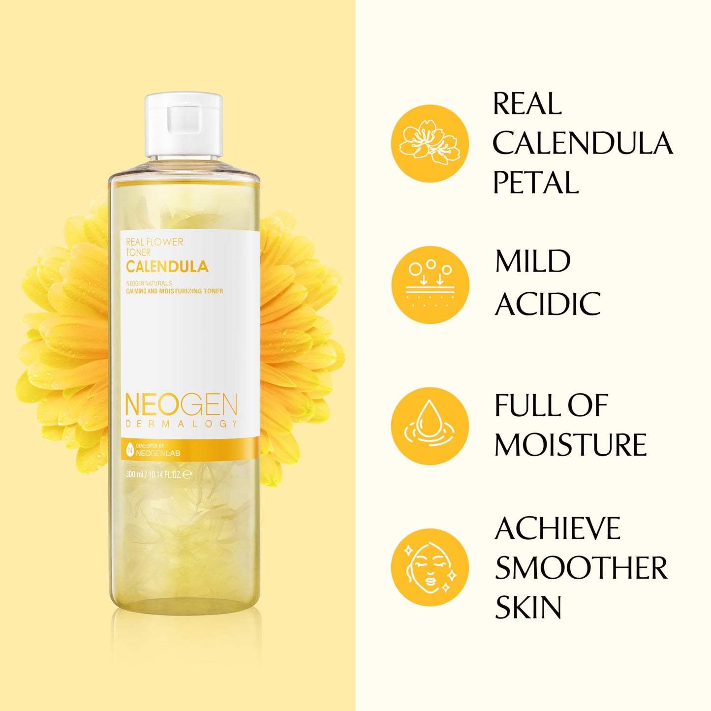 Neogen Real Flower Cleansing Water, Calendula, 9.9 Fl Oz (300ml) - Soothing Makeup Remover with Real Calendula Petals & Apple Mint & Centella Asiatica for Sensitive Skin - Korean Skin Care