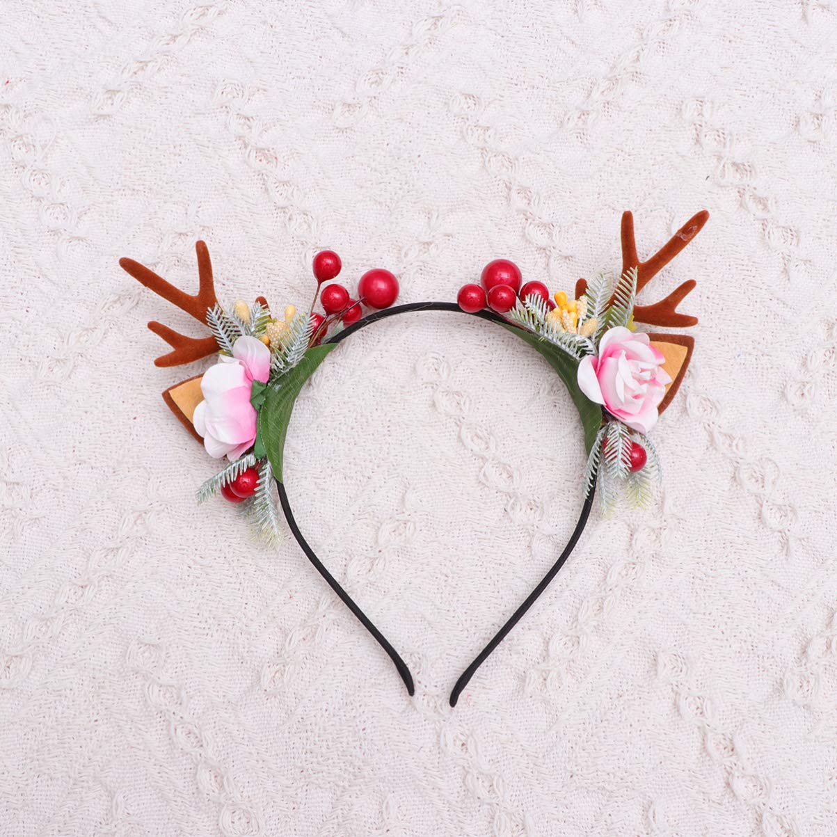 Lurrose Christmas Deer Antler Flower Berry Crown Floral Headbands Christmas Boho Headdress Party Headwear for Women Girls Kids Style 1